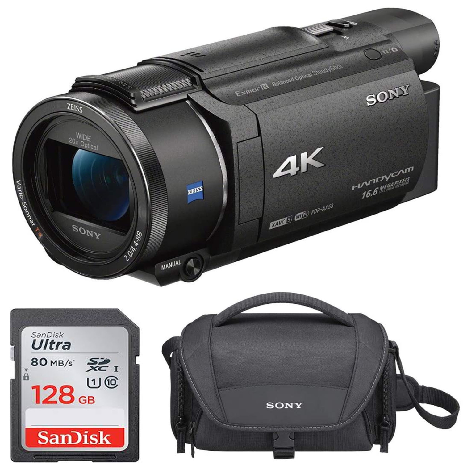 Sony FDR-AX53 4K Ultra HD Handycam Camcorder with 128GB Card and Case Bundle - US Version w/ Seller Warranty