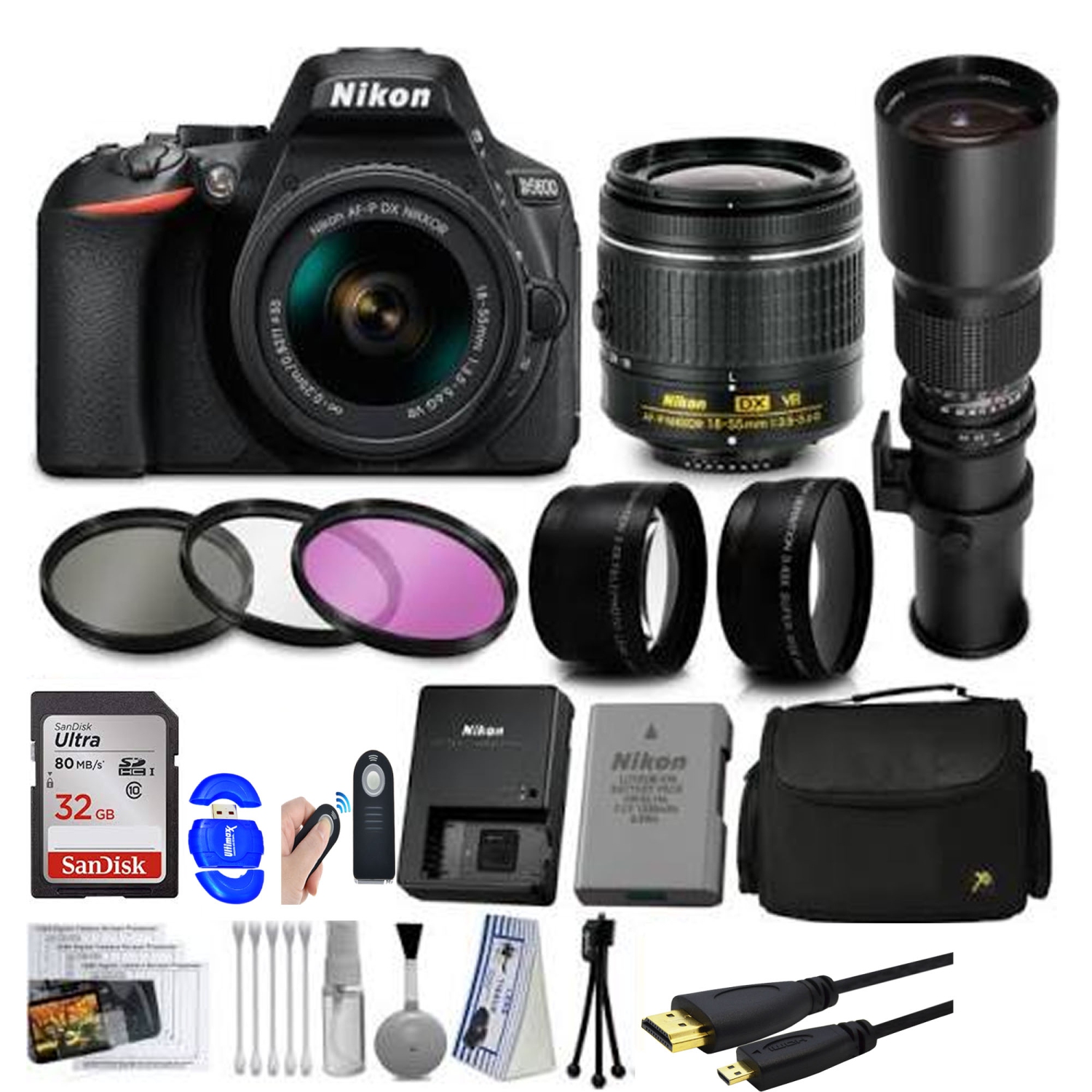 Nikon D5600 Digital SLR Camera Black with 18-55mm and 500mm Preset Telephoto Lens + 32GB 25PC Accessory Bundle Kit - US Version w/ Seller Warranty