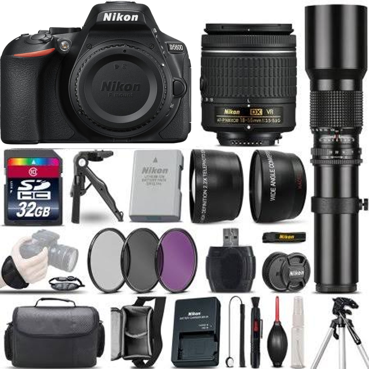 Nikon D5600 DSLR Camera + 18-55mm VR + 500mm Lens + Filter Kit - US Version w/ Seller Warranty