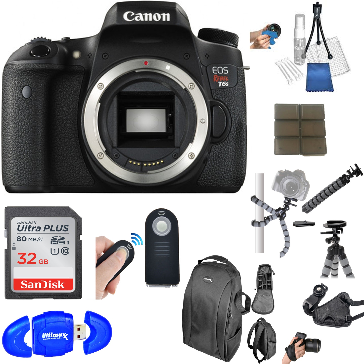 Canon EOS Rebel T6s Wi-Fi Digital SLR Camera Body with 32GB Card + Backpack + Tripod+ Deluxe Bundle - US Version w/ Seller Warranty