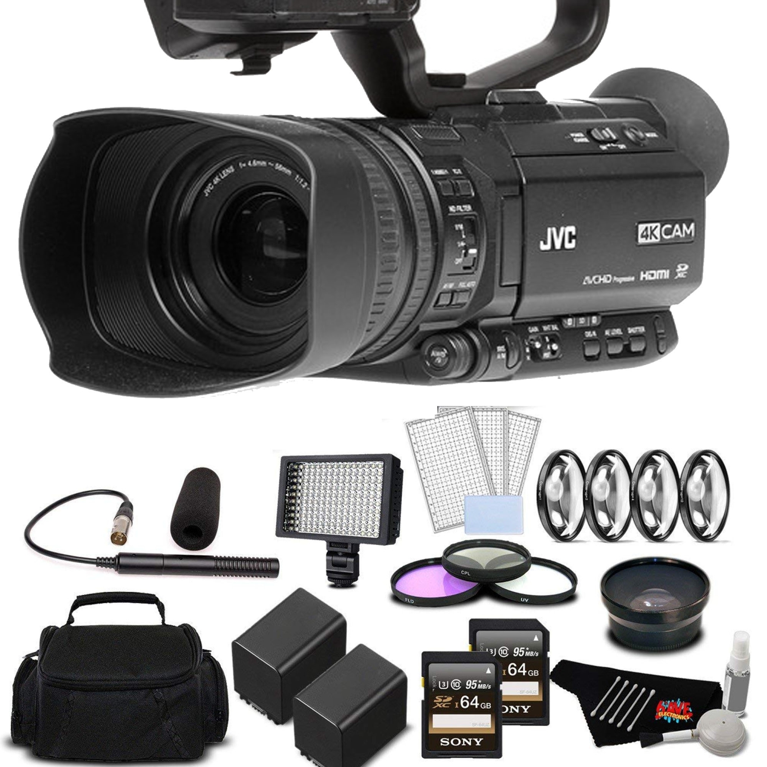 JVC GY-HM180 12.4MP 4K Ultra HD Camcorder with 2X 64GB Memory Cards Deluxe Bundle - US Version w/ Seller Warranty