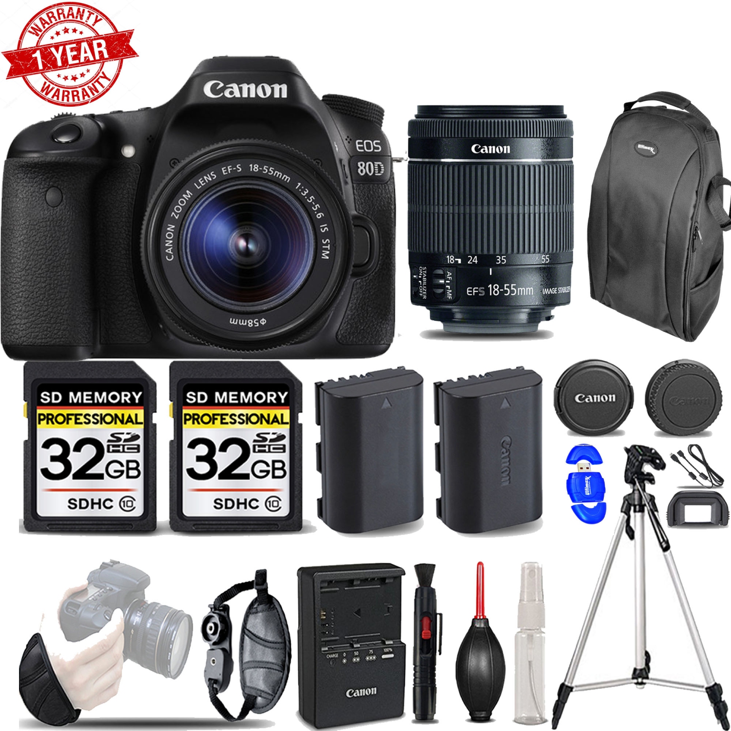 Canon Eos 80D DSLR Camera with 18-55mm STM Lens +wrist Grip +ext Batt -64GB Kit - US Version w/ Seller Warranty