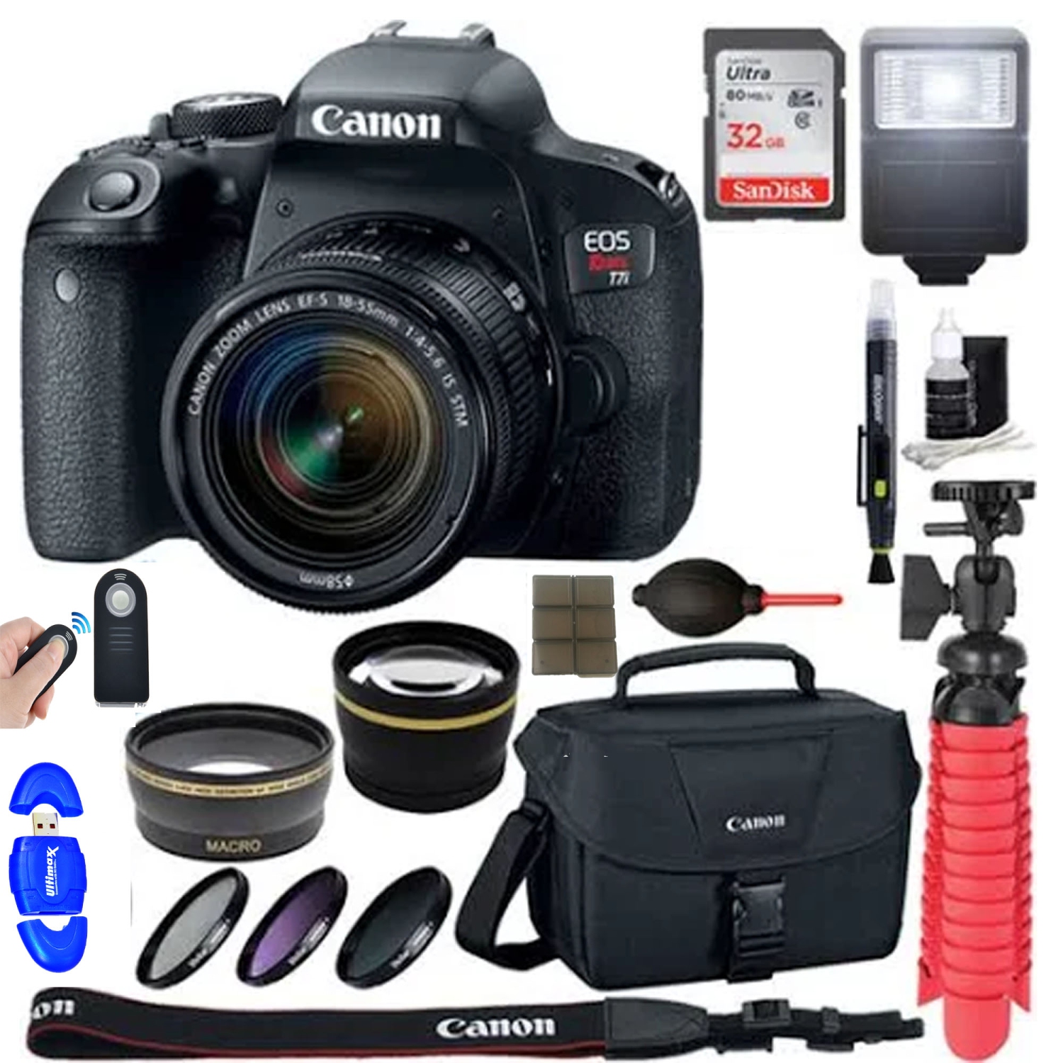Canon EOS Rebel T7i Digital SLR Camera + EF-S 18-55mm is STM Lens Memory & Flash Kit - US Version w/ Seller Warranty
