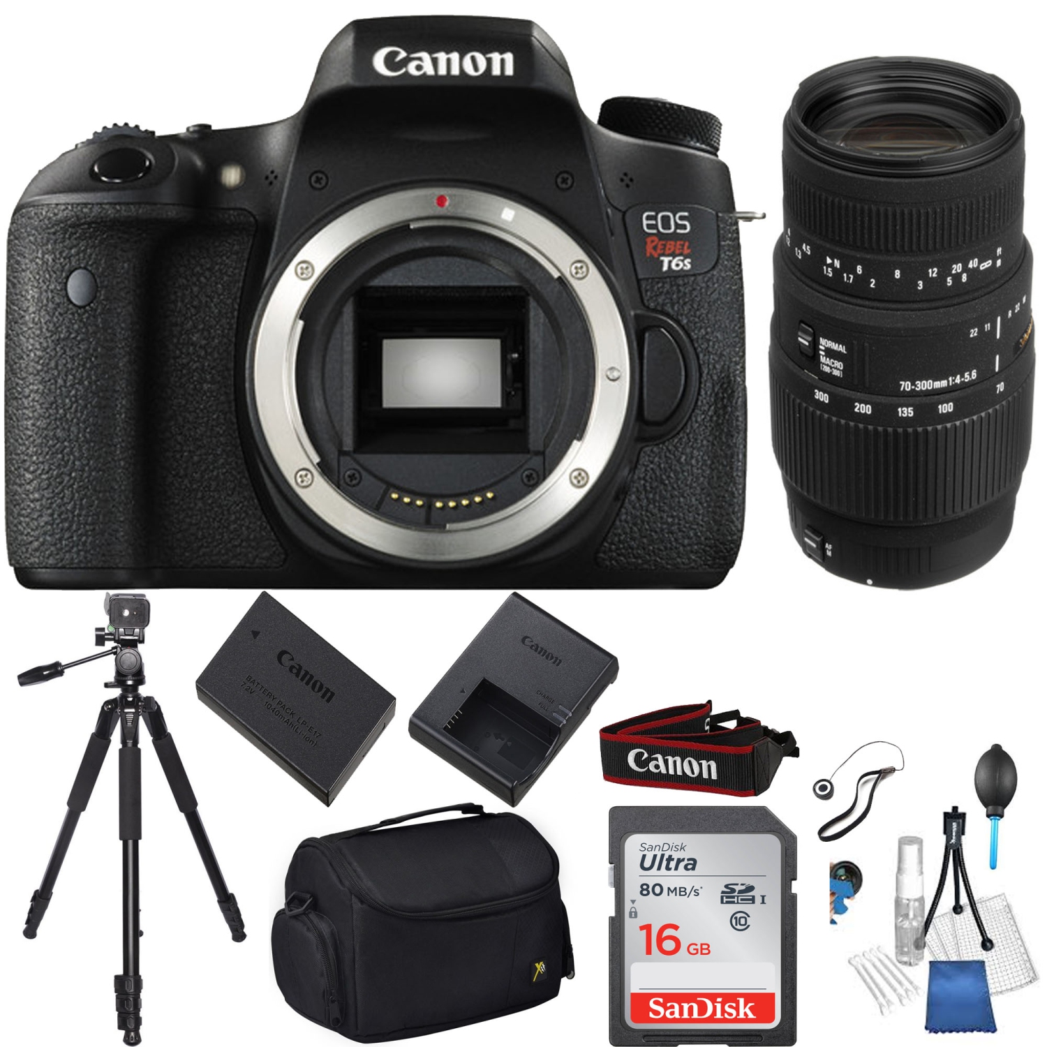 Canon EOS Rebel T6s DSLR Camera w/ Sigma 70-300mm f/4-5.6 DG Macro Telephoto Zoom Lens for Canon SLR Cameras Starter Bundle - US Version w/ Seller