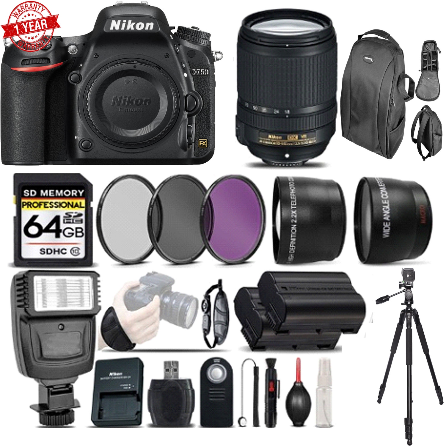 Nikon D750 DSLR Camera 24.3MP + Nikon 18-140mm VR Lens w/ 64GB MC | Backpack | Full Size Tripod Deluxe Bundle - US Version w/ Seller Warranty
