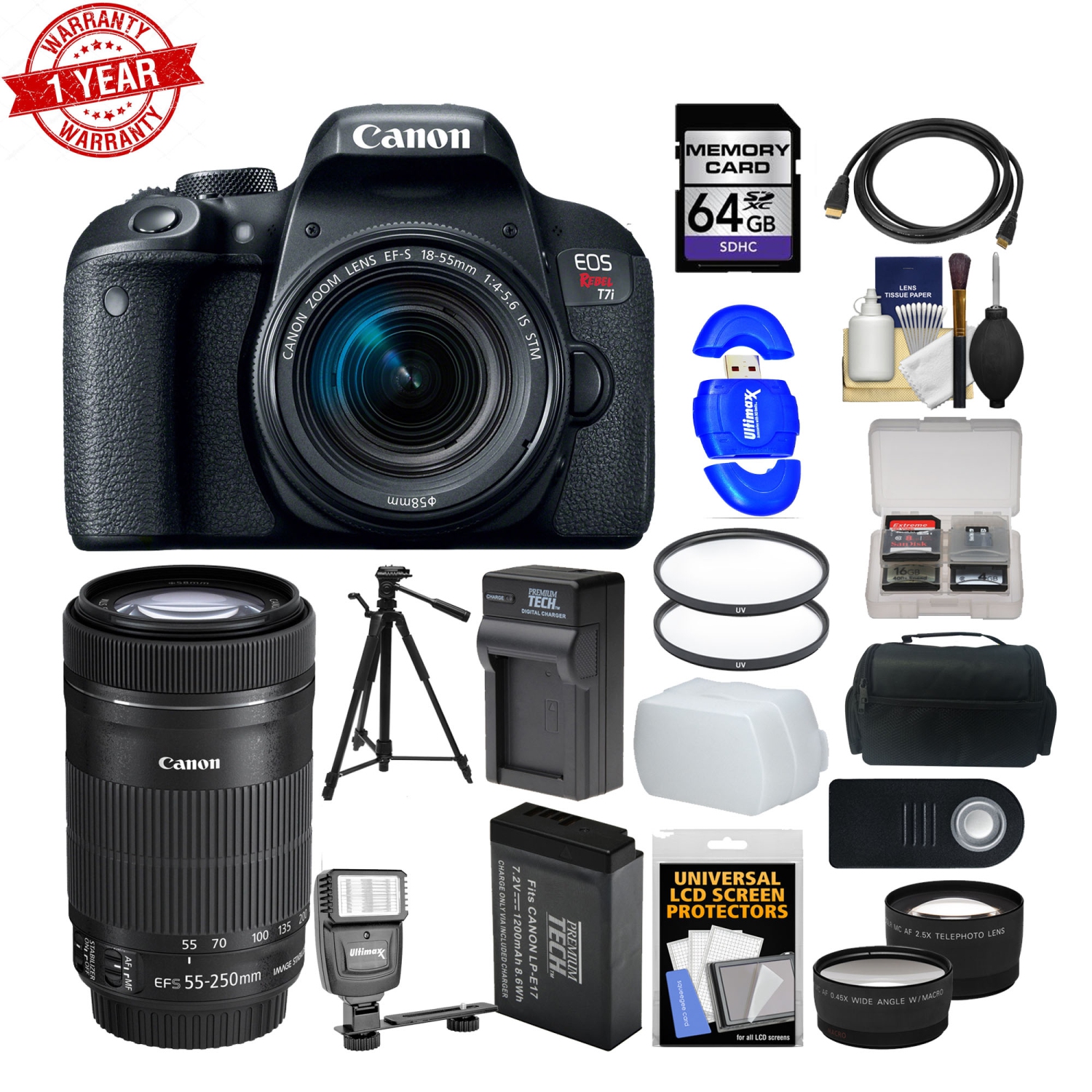 Canon EOS Rebel T7i Digital SLR Camera & EF-S 18-55mm + 55-250mm IS STM Lens + 64GB Card + Case + Flash + Tripod + 2 Lens Kit - US Version w/ Seller