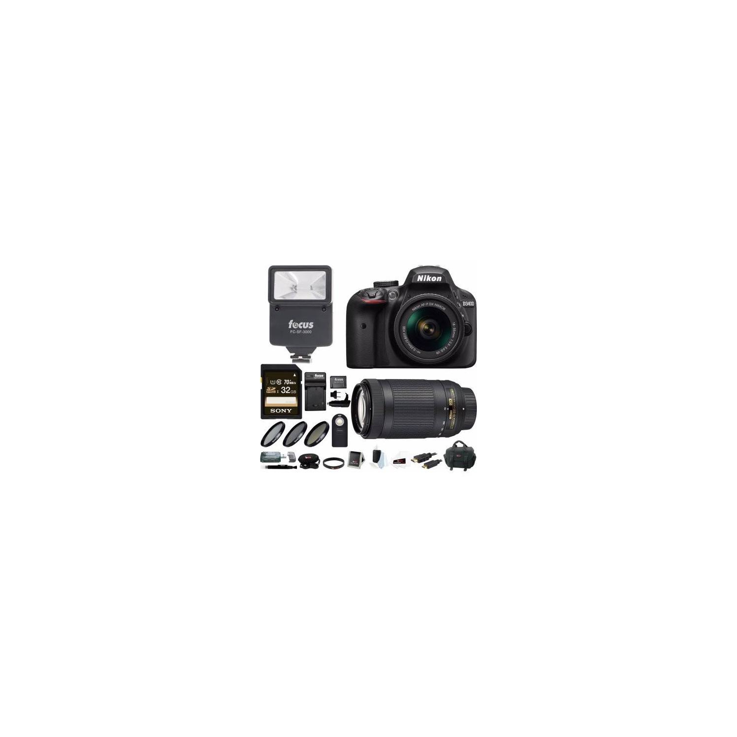 Nikon D3400 DSLR Camera w/ 18-55mm & 70-300mm Lenses and Nikon Gadget Bag +32GB MC Bundle - US Version w/ Seller Warranty