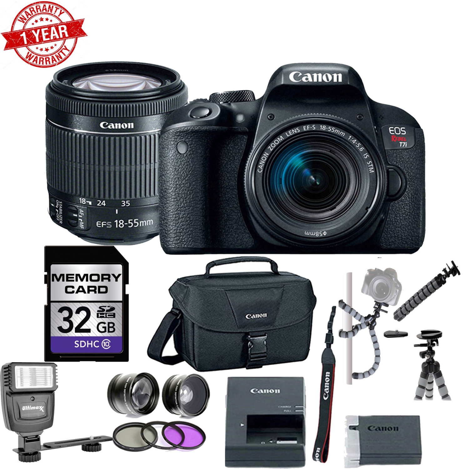 Canon EOS Rebel T7i DSLR Camera w/18-55mm lens & 32GB Premium Accessory Bundle - US Version w/ Seller Warranty