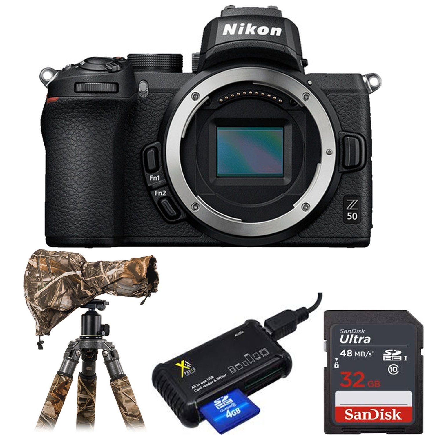 Nikon Z50 Mirrorless Digital Camera with Rain Protection | Sandisk 32GB Memory Card & Card Reader Bundle - US Version w/ Seller Warranty