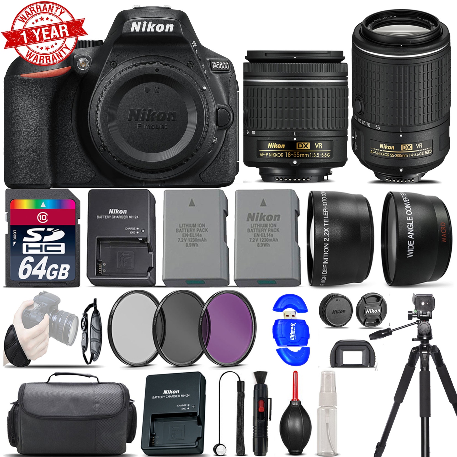 Nikon D5600 Digital SLR Camera + 18-55mm VR + 55-200mm VR II + EXT BATT + 64GB - US Version w/ Seller Warranty