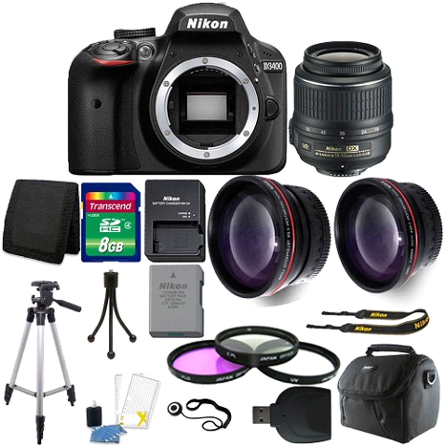 Nikon D3400 DSLR Camera + 18-55 AF P VR Lens + 8GB Memory Card Supreme Bundle - US Version w/ Seller Warranty