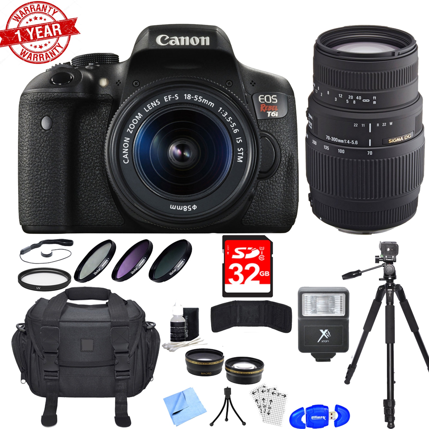 Canon EOS Rebel T6i/T7i DSLR Camera w/ 18-55mm&70-300mm Lenses|32GB SDHC MC|Bag|Tripod|Cleaning kit and More - US Version w/ Seller Warranty