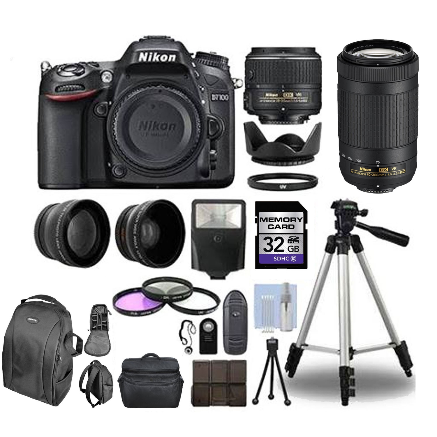 Nikon D7100 Digital SLR Camera ||4 Lens Kit: 18-55mm VR ||70-300mm VR ||32GB Bundle - US Version w/ Seller Warranty