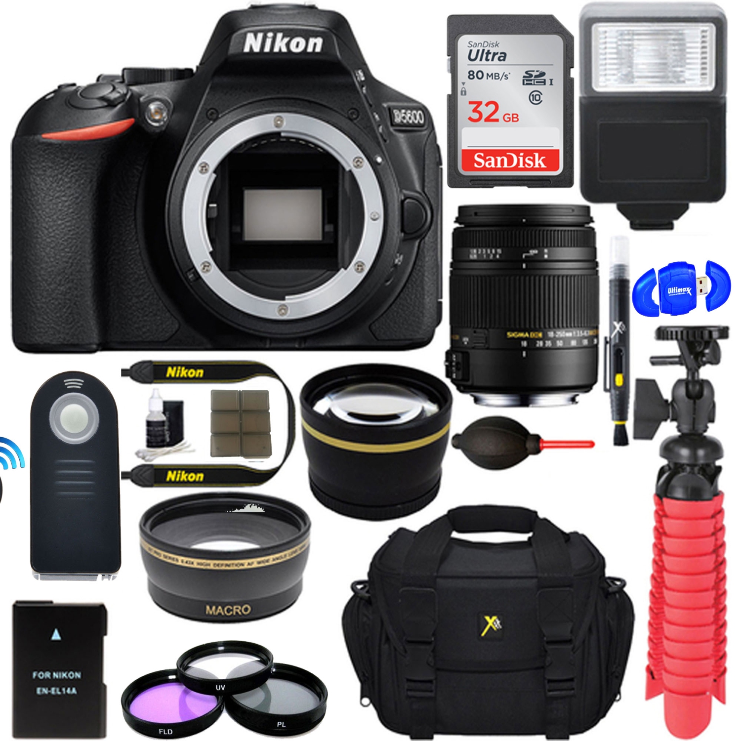 Nikon D5600 24.2 MP Digital SLR Camera + Sigma 18-250mm Macro Lens & Accessory Bundle - US Version w/ Seller Warranty