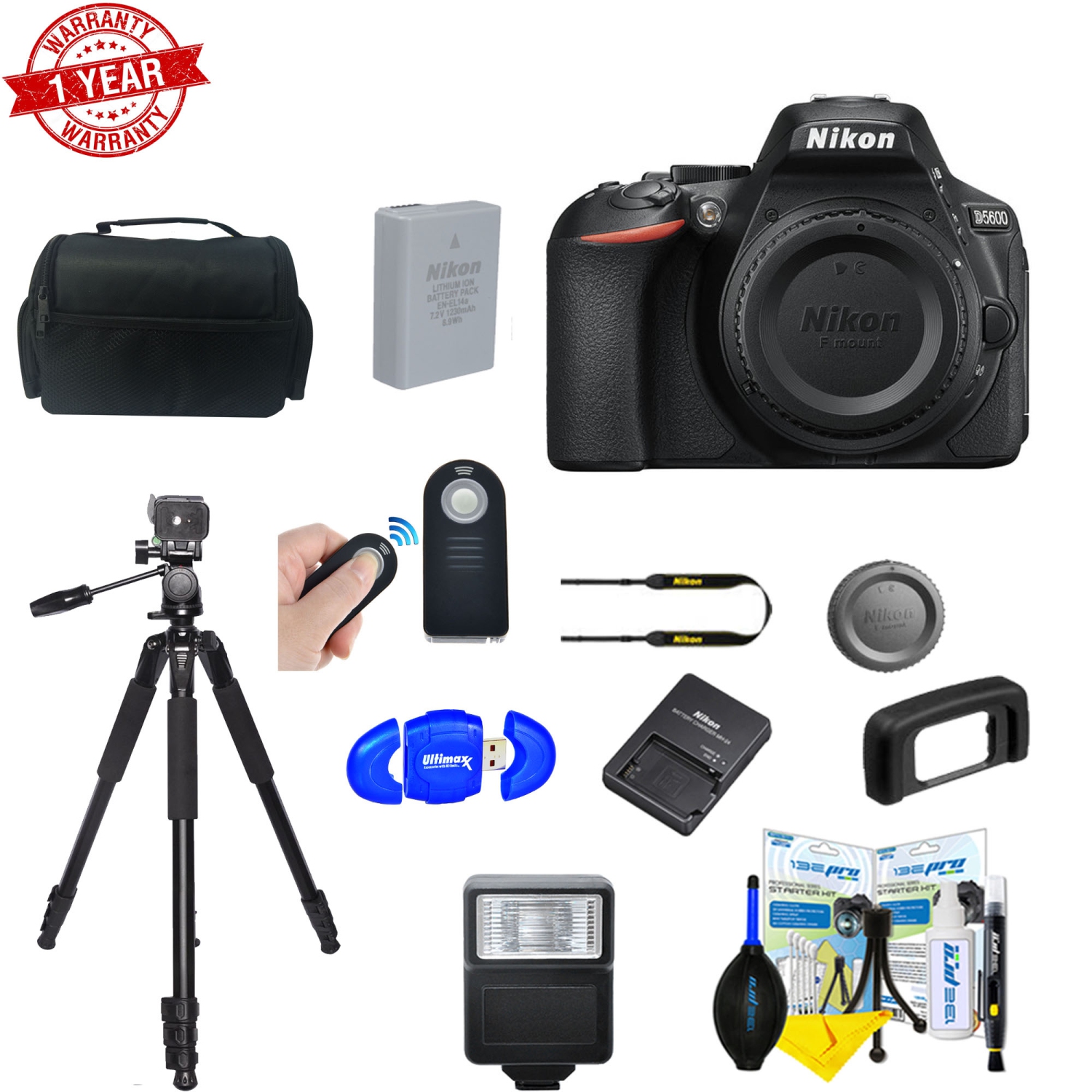 Nikon D5600 DSLR Camera w/ Tripod | Cleaning Kit | Flash | Card Reader Bundle - US Version w/ Seller Warranty