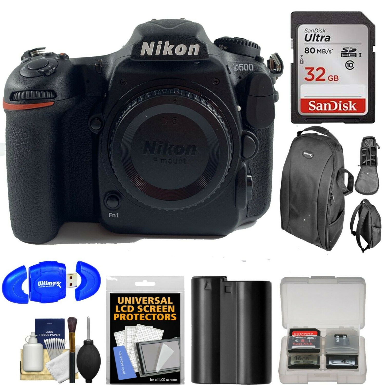Nikon D500 Wi-Fi 4K Digital SLR Camera Body with 64GB Card + Backpack + Battery + Kit - US Version w/ Seller Warranty