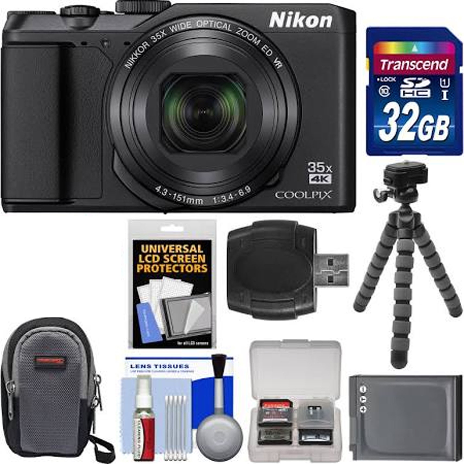 Nikon Coolpix A900 4K Wi-Fi Digital Camera (Black) with 32GB Card + Case + Battery + Flex Tripod + Kit - US Version w/ Seller Warranty