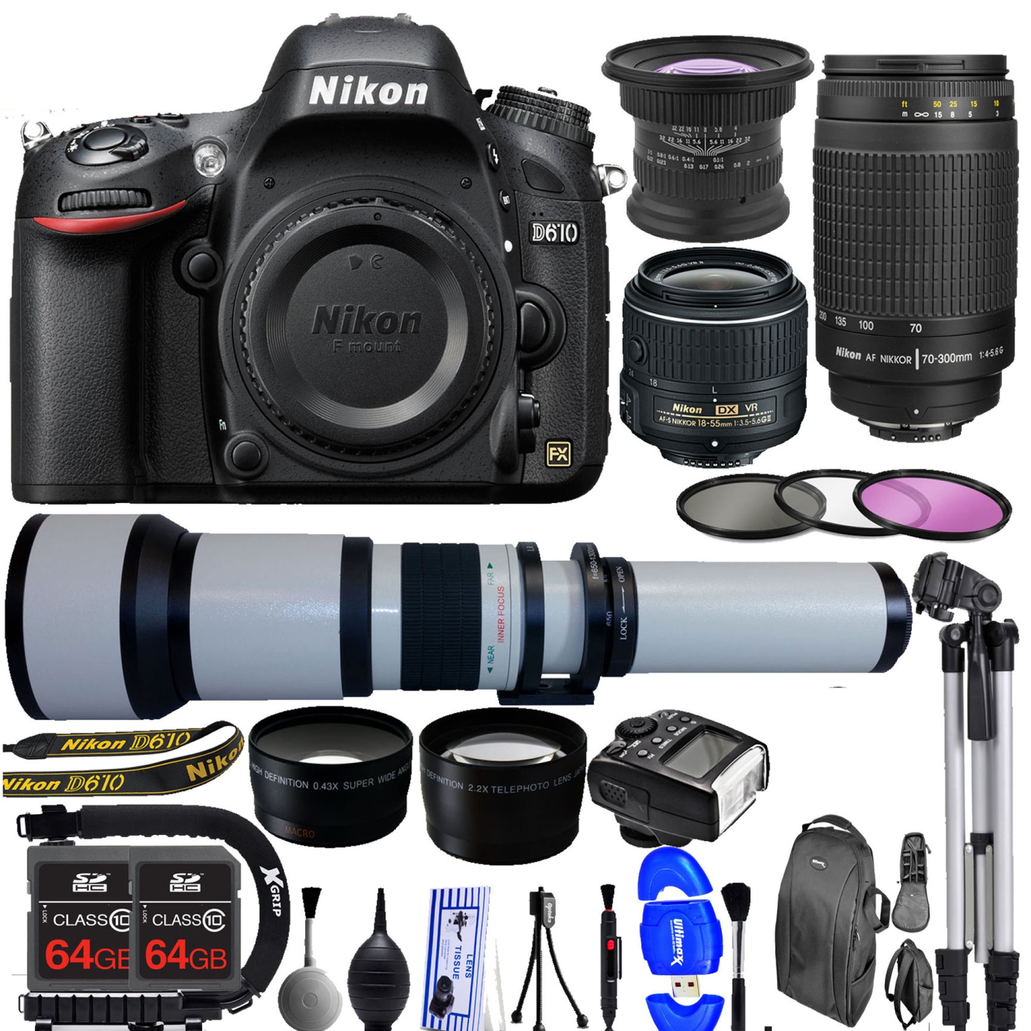 Nikon D610 DSLR SLR Digital Camera ||18-55mm VR II ||6.5mm Fisheye |||650-1300 Lens MEGA BUNDLE NEW! - US Version w/ Seller Warranty