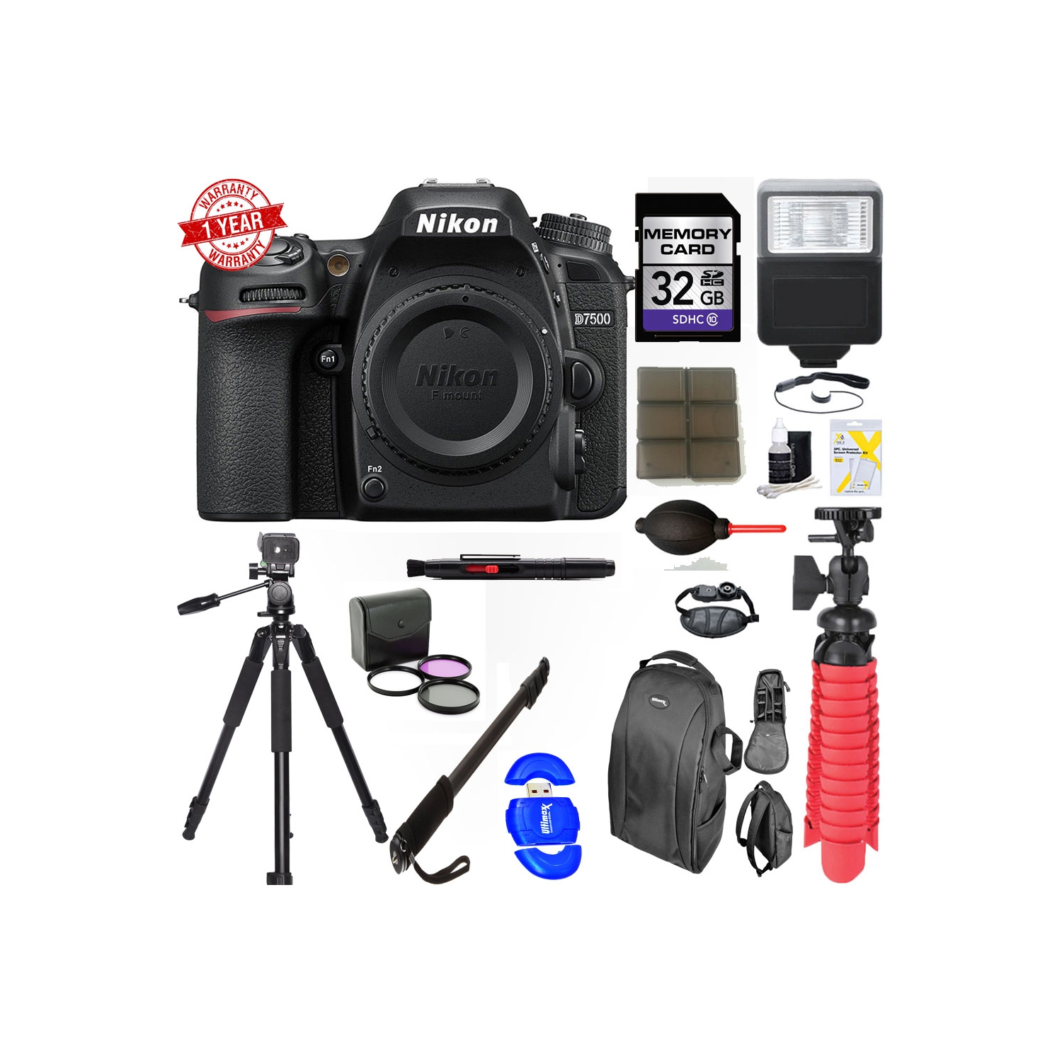 Nikon D7500 20.9MP Digital SLR Camera Body + 64GB Deluxe Accessory Bundle - US Version w/ Seller Warranty
