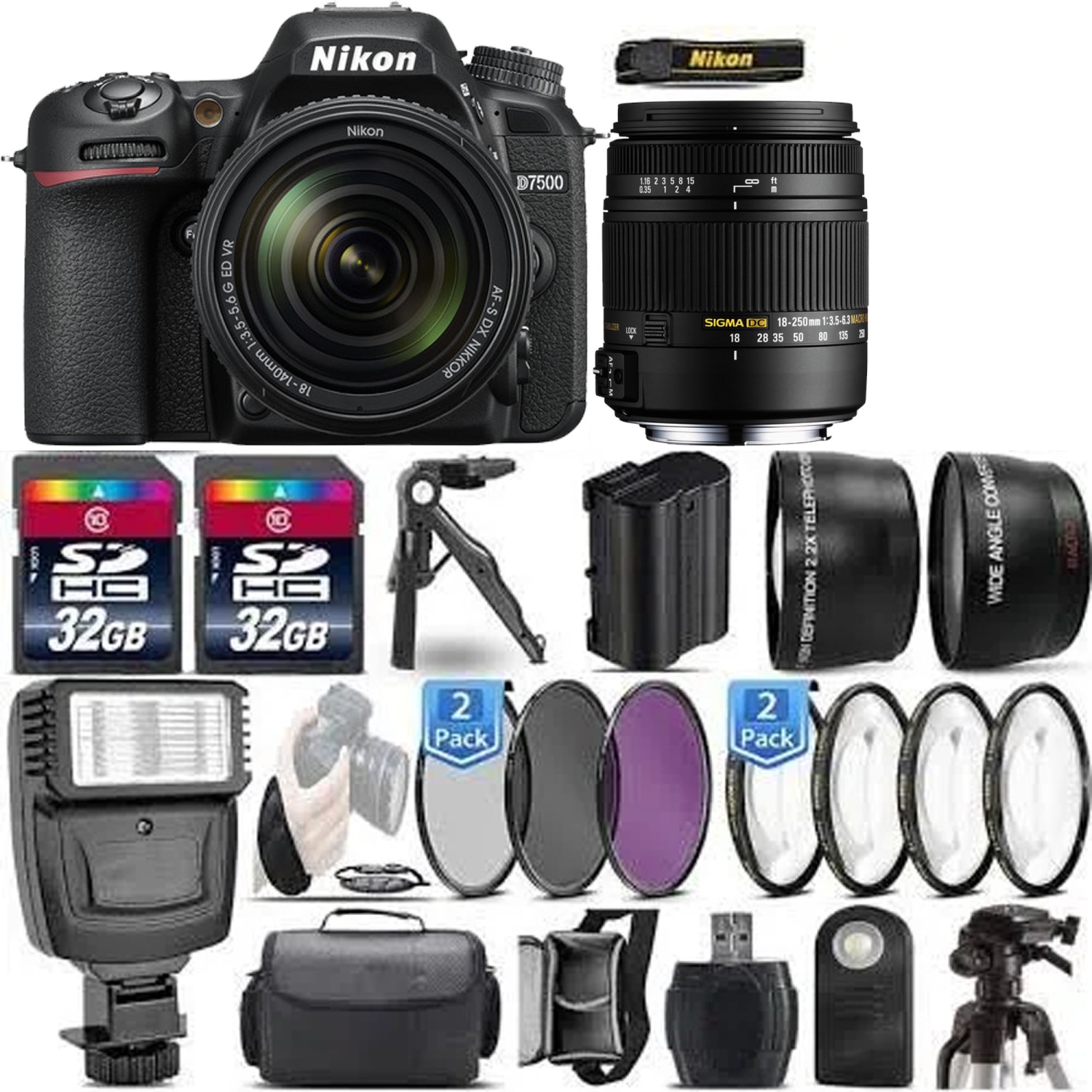 Nikon D7500 Wi-Fi 4K Digital SLR Camera Body with Sigma 18-250mm OS Lens & Nikon 18-140mm VR + 64GB Card Deluxe Bundle - US Version w/ Seller Warranty