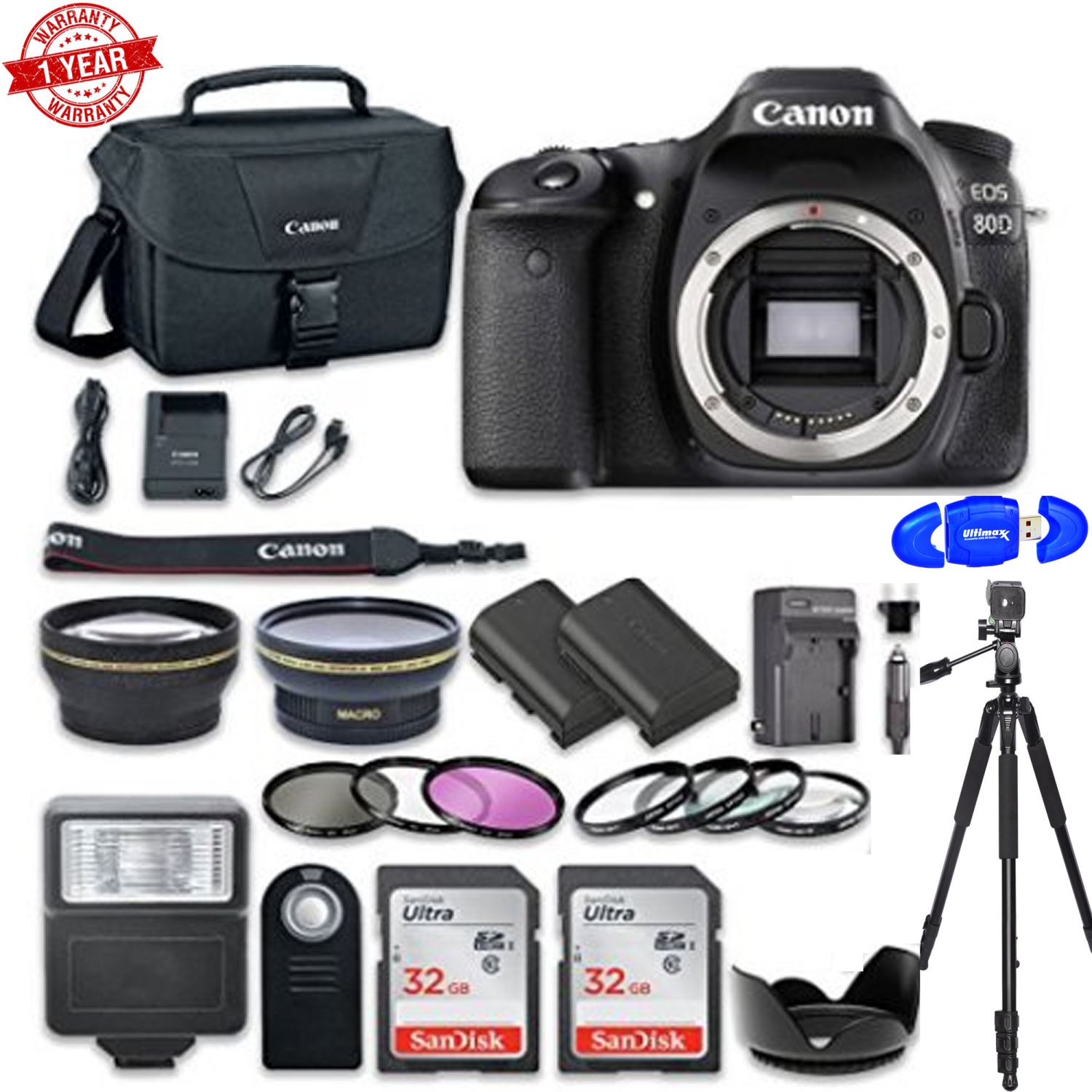 Canon EOS 80D Wi-Fi Full HD 1080p Digital SLR Camera with 2pc 32GB Memory Cards + Accessory Kit Bundle - US Version w/ Seller Warranty