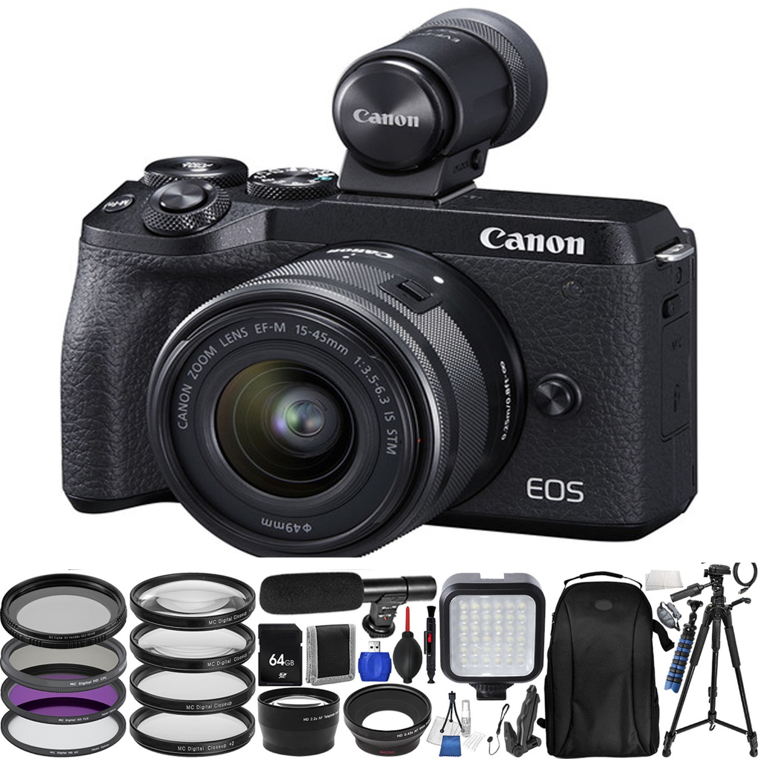Canon EOS M6 Mark II Mirrorless Digital Camera with 15-45mm Lens | EVF-DC2 Viewfinder (Black) Mega Bundle - US Version w/ Seller Warranty