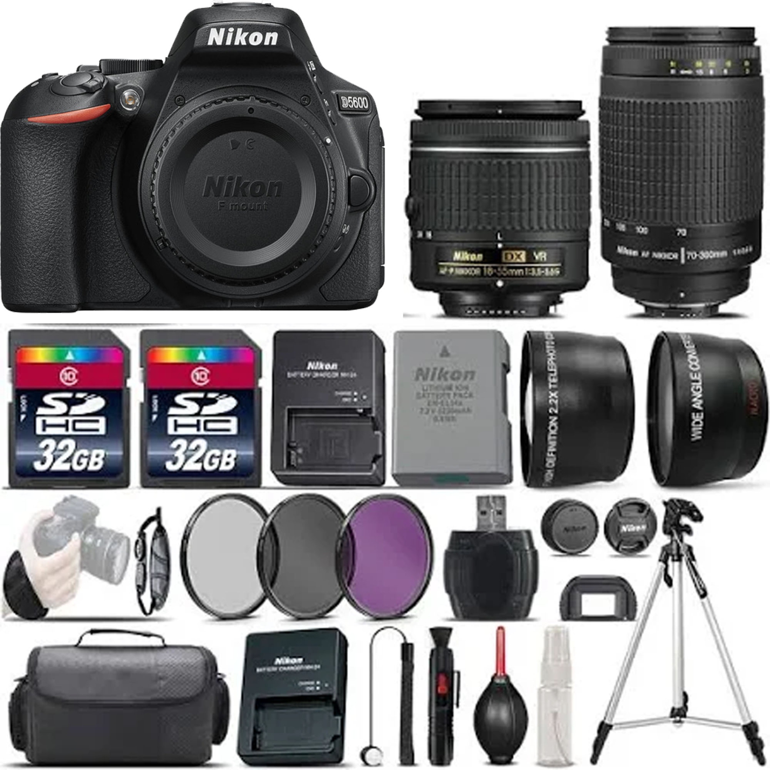 Nikon D5600 Digital SLR Camera + 18-55mm VR + Nikon 70-300mm + 64GB - 4 Lens Kit - US Version w/ Seller Warranty