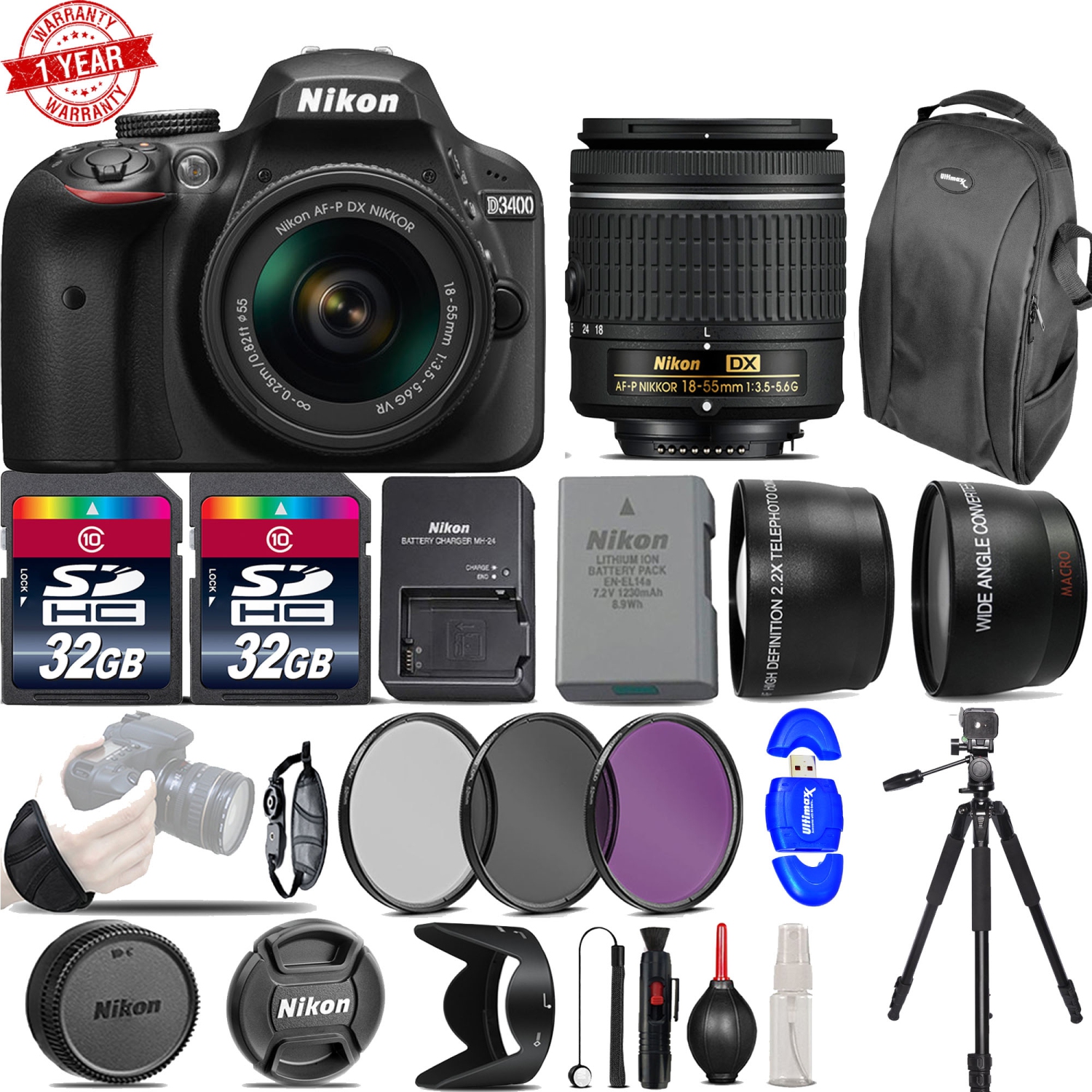 Nikon D3400 Digital SLR Camera with 18-55mm VR| 3 Lenses kit| 64GB -Great Saving Full Kit - US Version w/ Seller Warranty