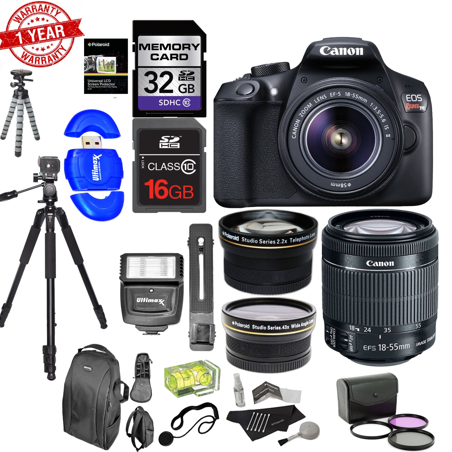 Canon EOS Rebel T6 Digital SLR Camera Kit with EF-S 18-55mm f/3.5-5.6 Is II Lens Deluxe Bundle - US Version w/ Seller Warranty