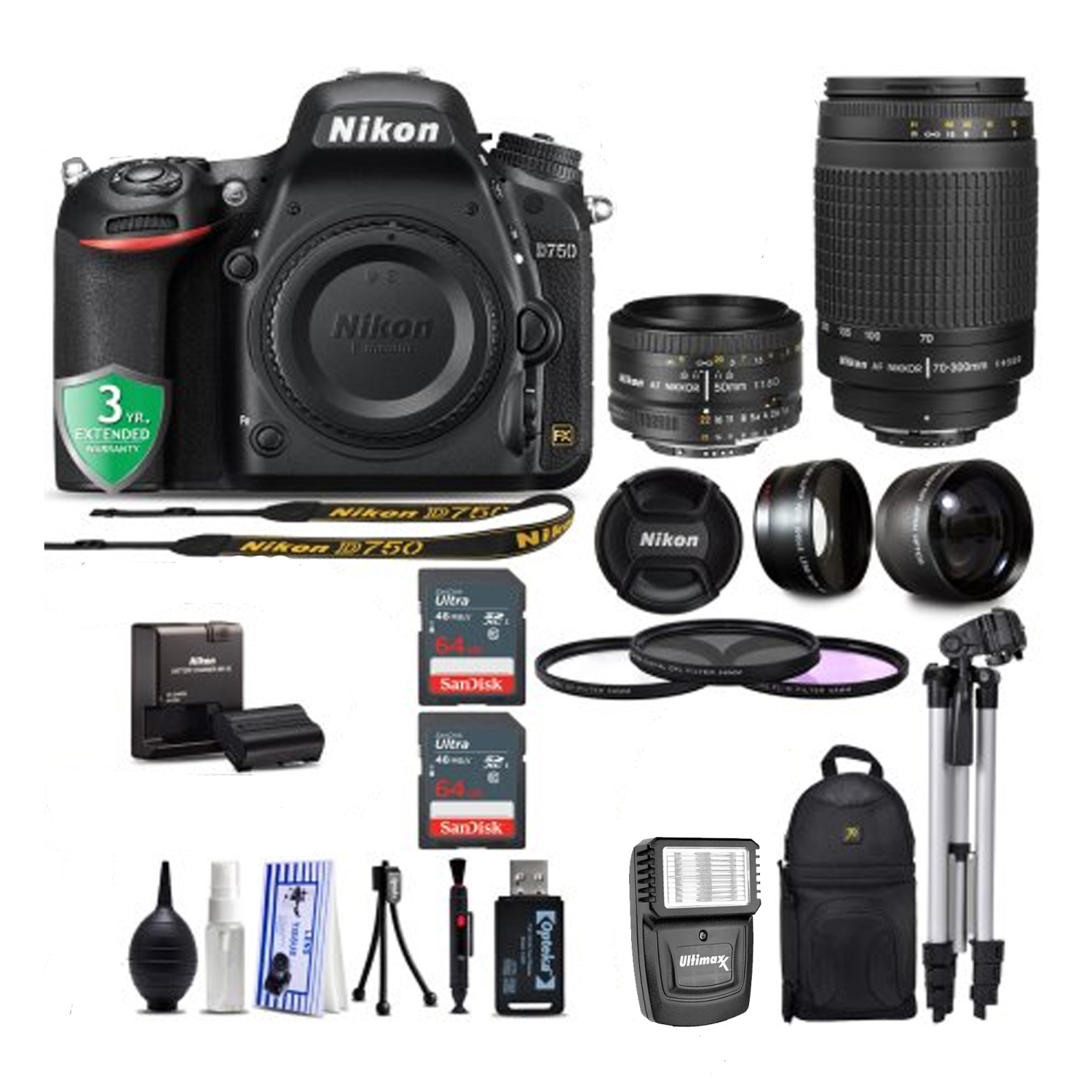 Nikon D750 DSLR Camera W/ Nikon 50mm 1.8D Lens | Nikon 70-300mm G Lens Bundle - US Version w/ Seller Warranty