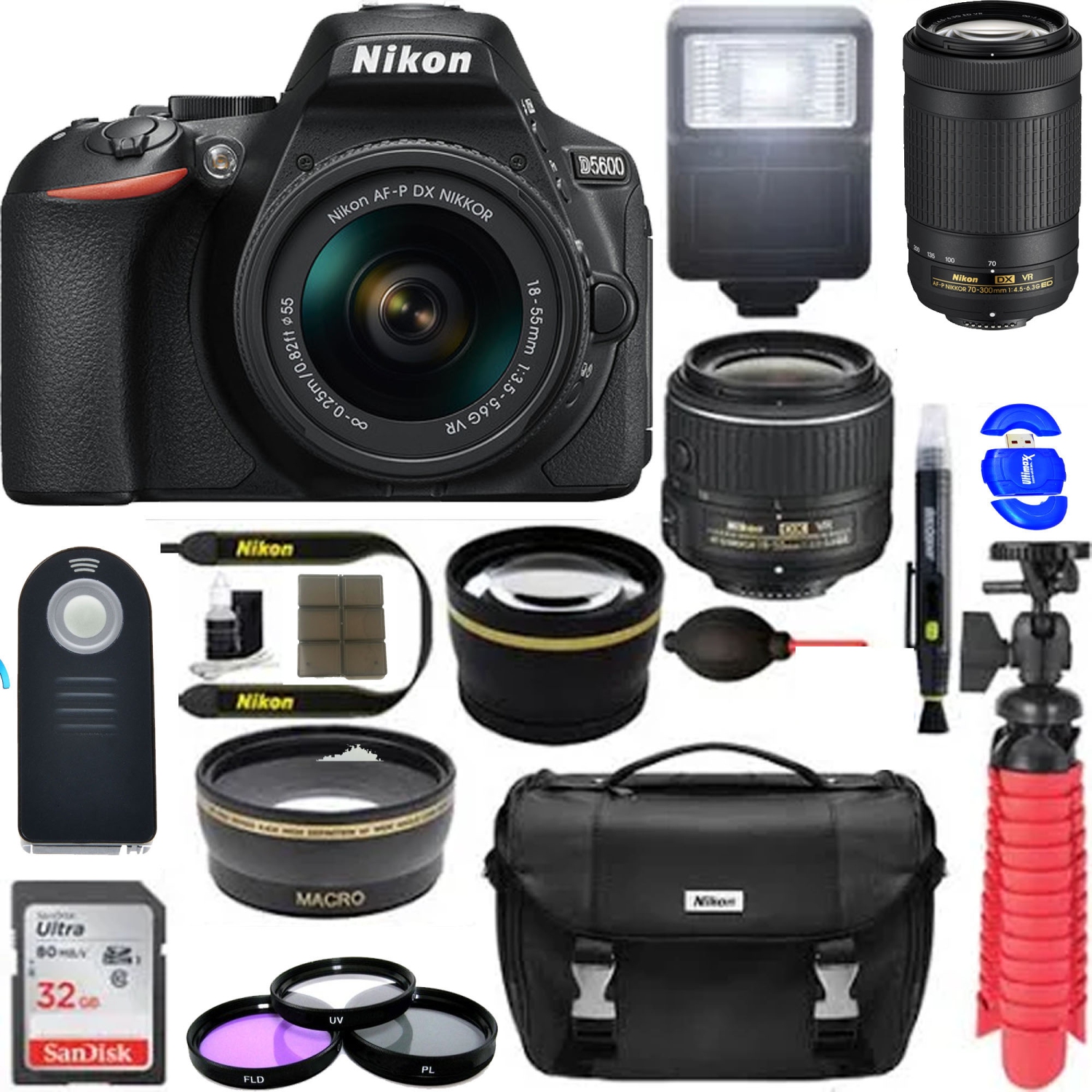 Nikon D5600 24.2 MP DSLR Camera + AF-P DX 18-55mm & 70-300mm Ed VR + Accessory Bundle - US Version w/ Seller Warranty