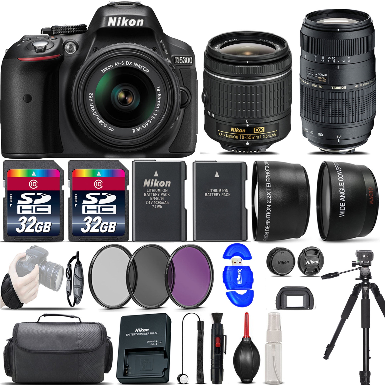 Nikon D5300 Digital SLR Camera 3 Lens 18-55mm VR 64GB Bundle Kit - US Version w/ Seller Warranty