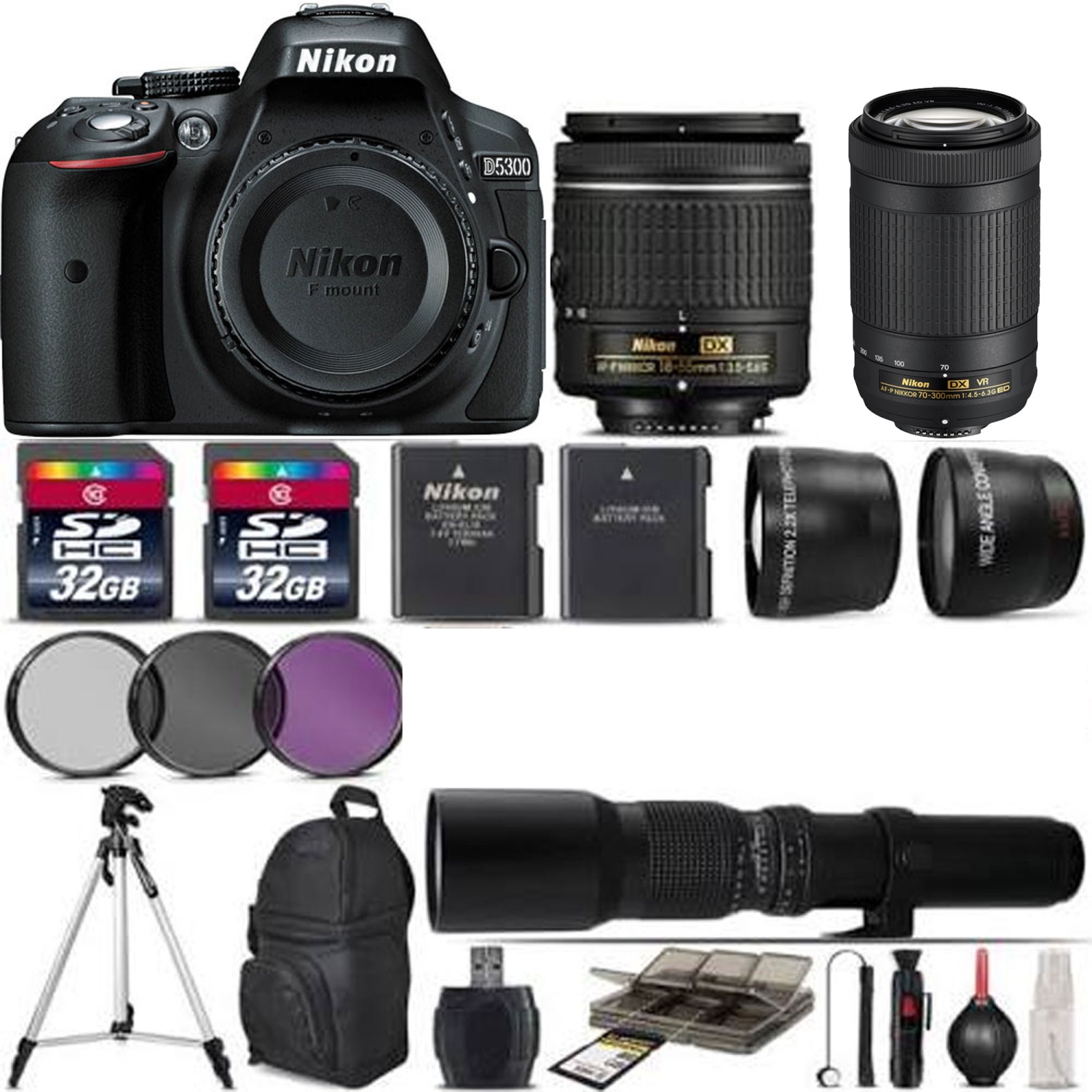 Nikon D5300 DSLR Camera + 18-55mm AF-P Lens +70-300MM VR + 500mm DELUXE KIT - US Version w/ Seller Warranty
