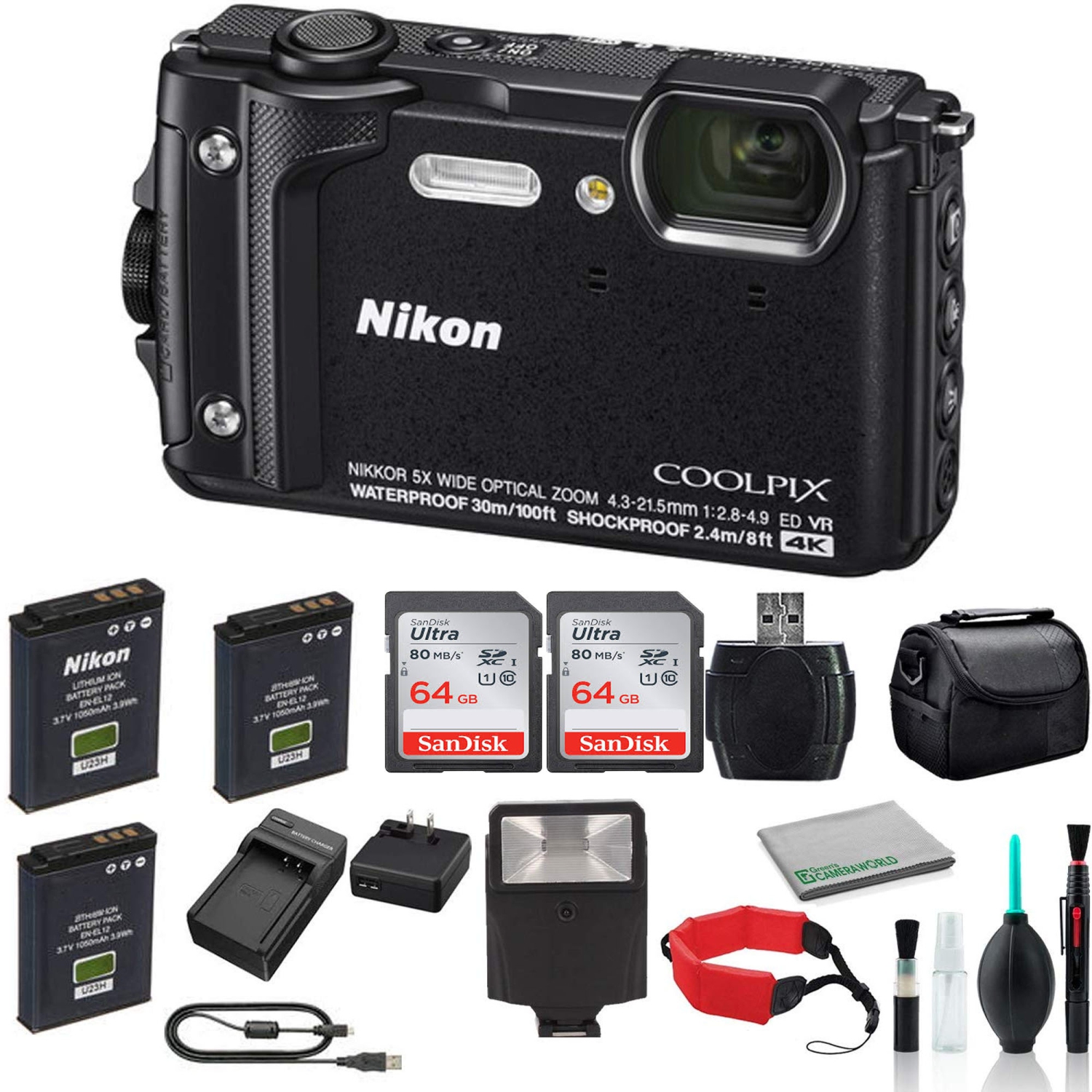 Nikon COOLPIX W300 Digital Camera (Black) Bundle with 2X 64GB Memory Cards + Spare Battery + LED Ligh - US Version w/ Seller Warranty