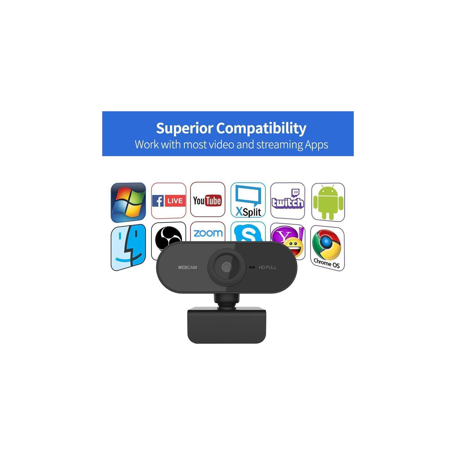 Caméra Web HD 1080p 2 Mpx avec microphone intégré, USB Plug and Play, aucun pilote requis, prend en charge Windows, Mac, Linux et plus encore