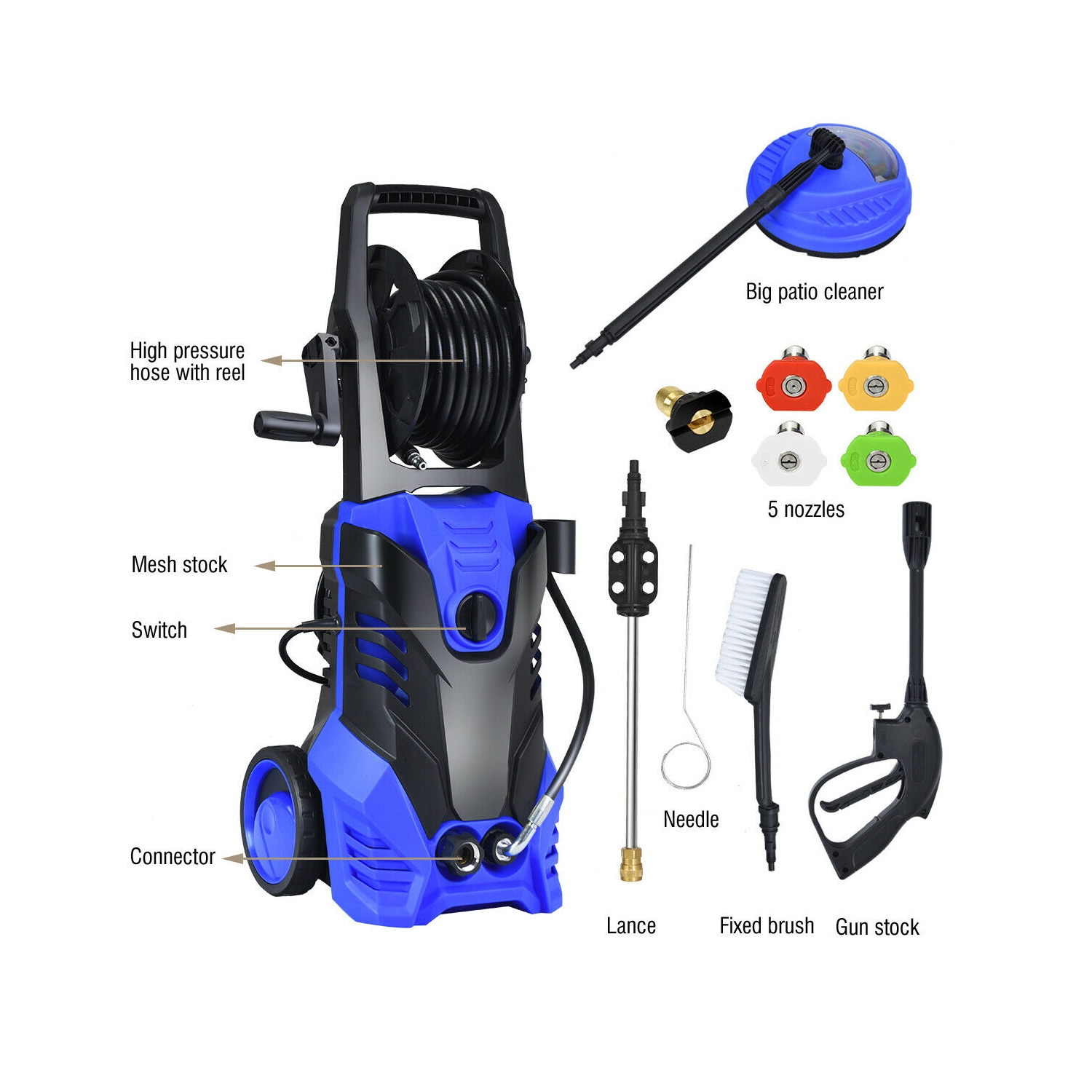 Gymax 3000PSI Electric High Pressure Washer 2000W 2GPM w/Patio Cleaner and 5 Nozzles