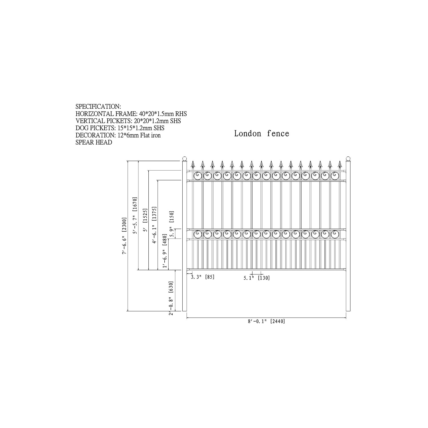 ALEKO® London Style garden Yard Iron Fence 8' x 5'