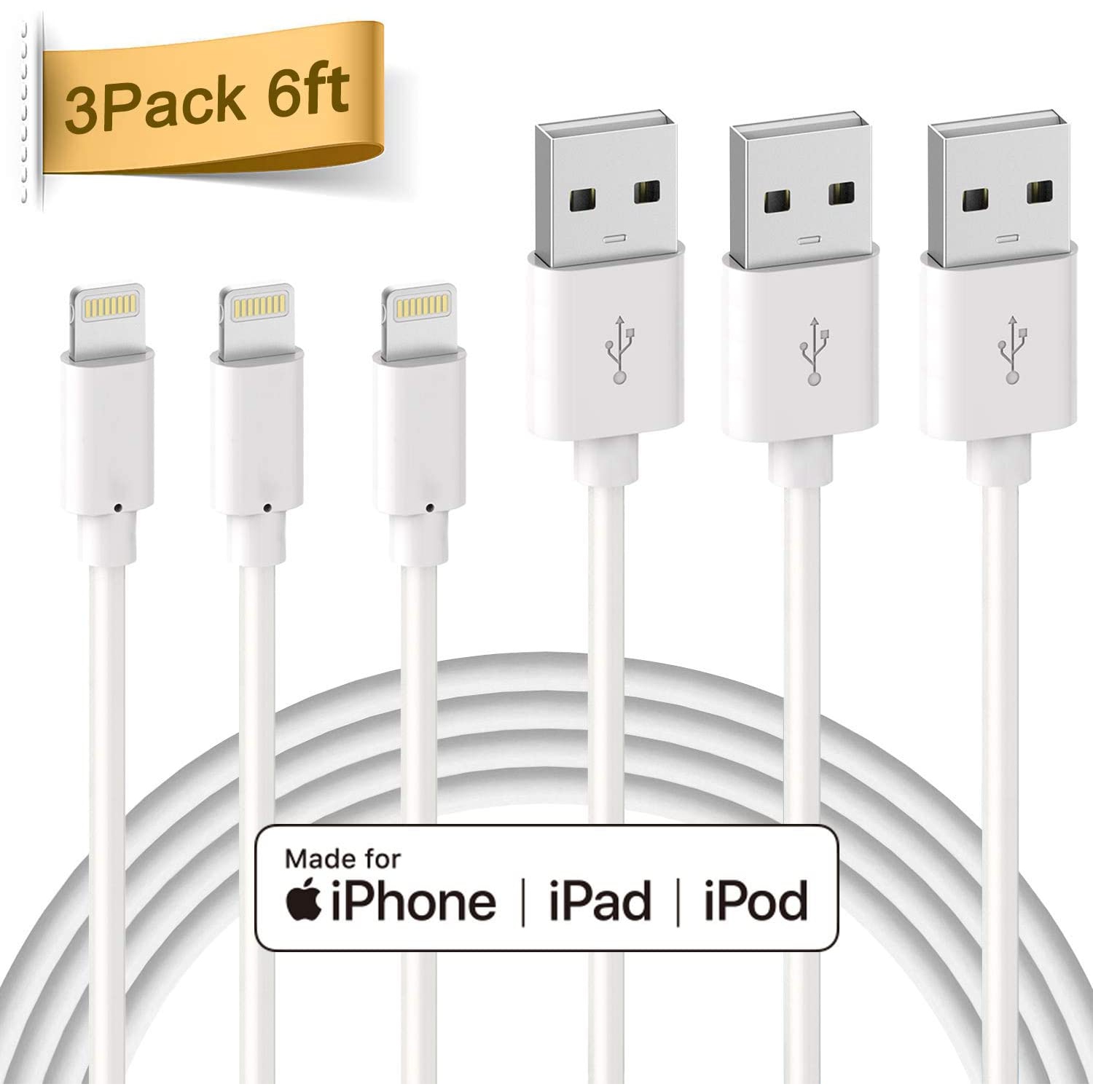 [3 Pks] (6.6Ft / 2m) iPhone iPad Charging Cable Charger Cord Lightning to USB Cable COMPATIBLE for iPod iPad iPhone Pro Max