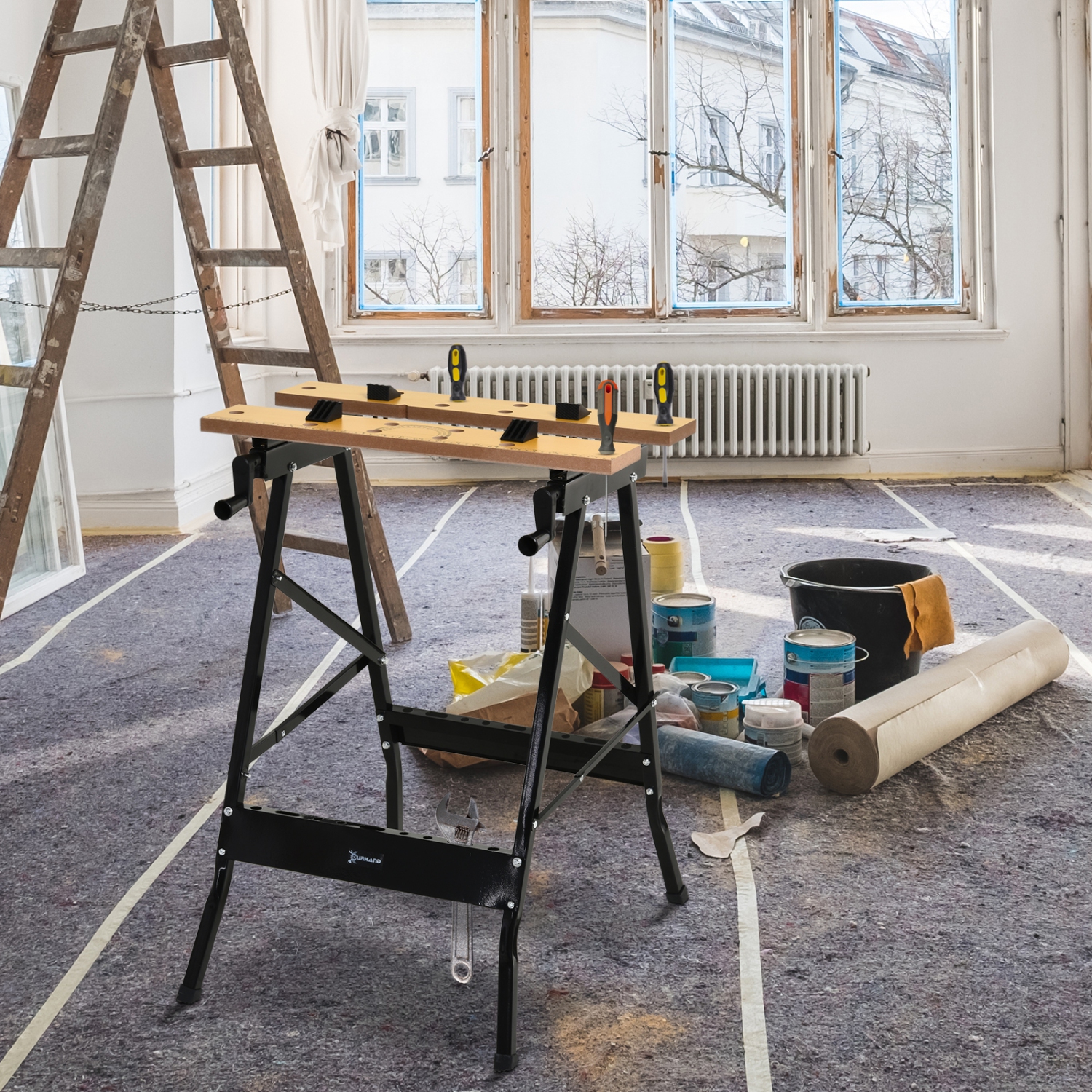 DURHAND Foldable Work Bench w/ 4 Adjustable Clamps, Carpenter Saw Table, MDF Surface, Steel Frame, Portable Work Bench 100kg/220lbs Capacity