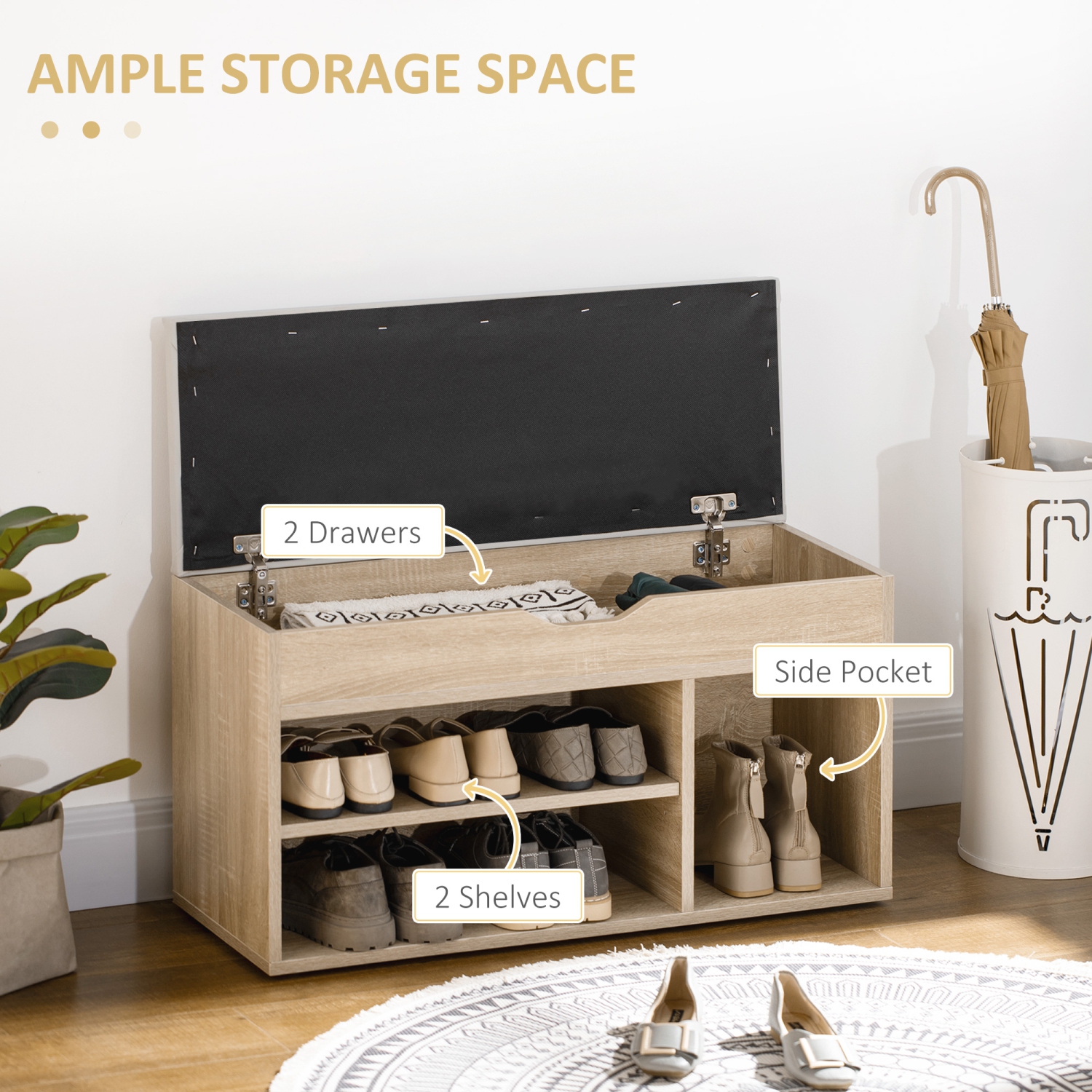 HOMCOM Shoe Bench, Entryway Bench with Padded Cushion PU Cover Hidden Storage for Hallway Living Room Bedroom, Natural