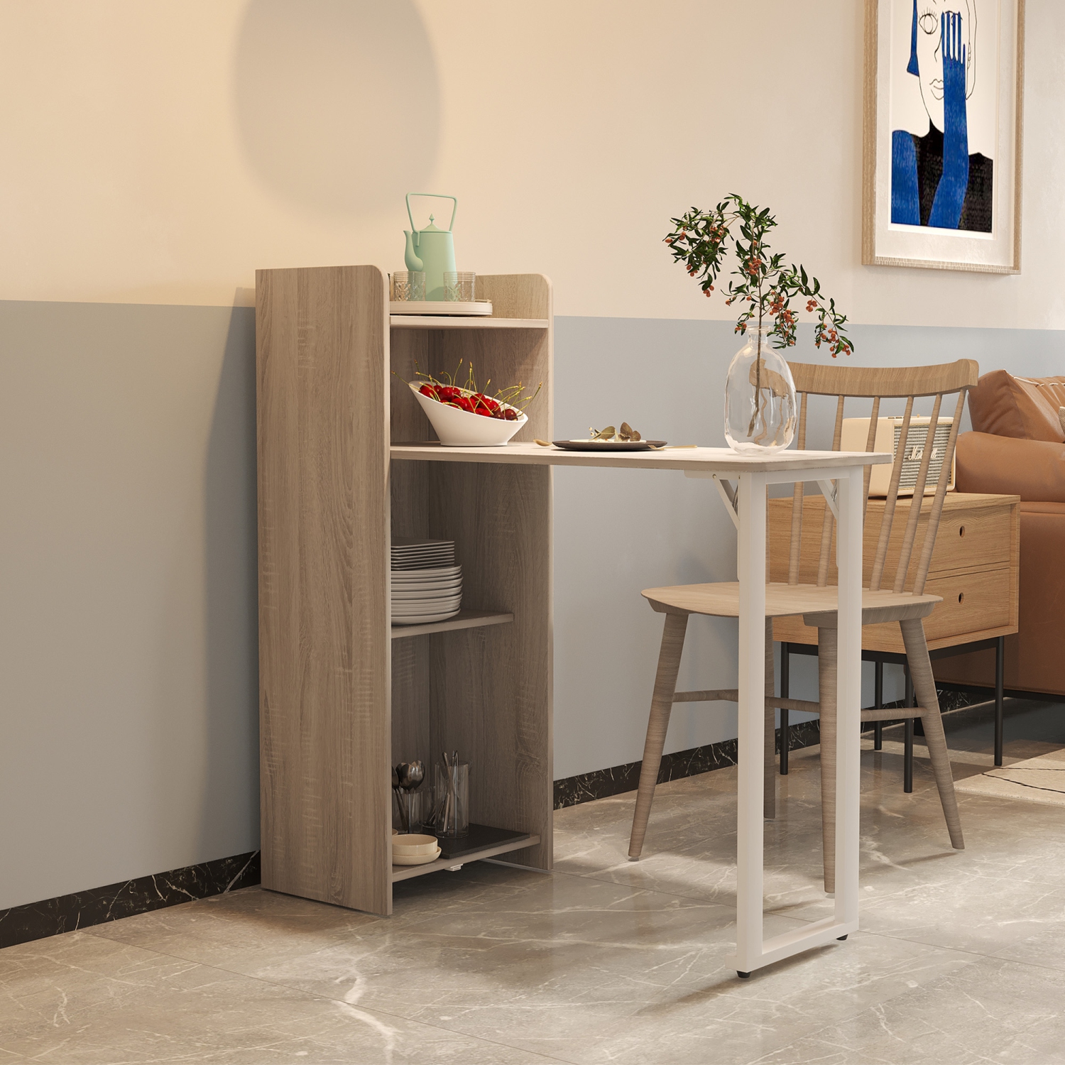 HOMCOM – Table pliante 2-en-1, table à abattant, table de salle à manger compacte avec tablette à 4 niveaux pour petits espaces, chêne