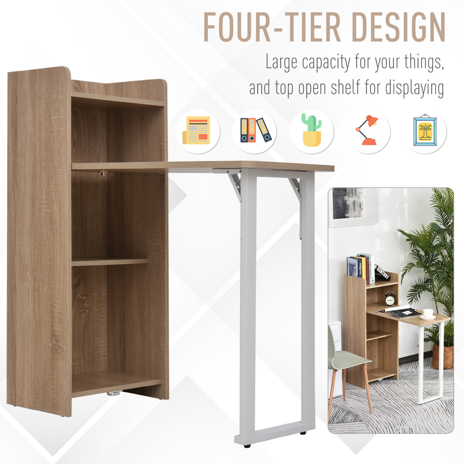 HOMCOM – Table pliante 2-en-1, table à abattant, table de salle à manger compacte avec tablette à 4 niveaux pour petits espaces, chêne