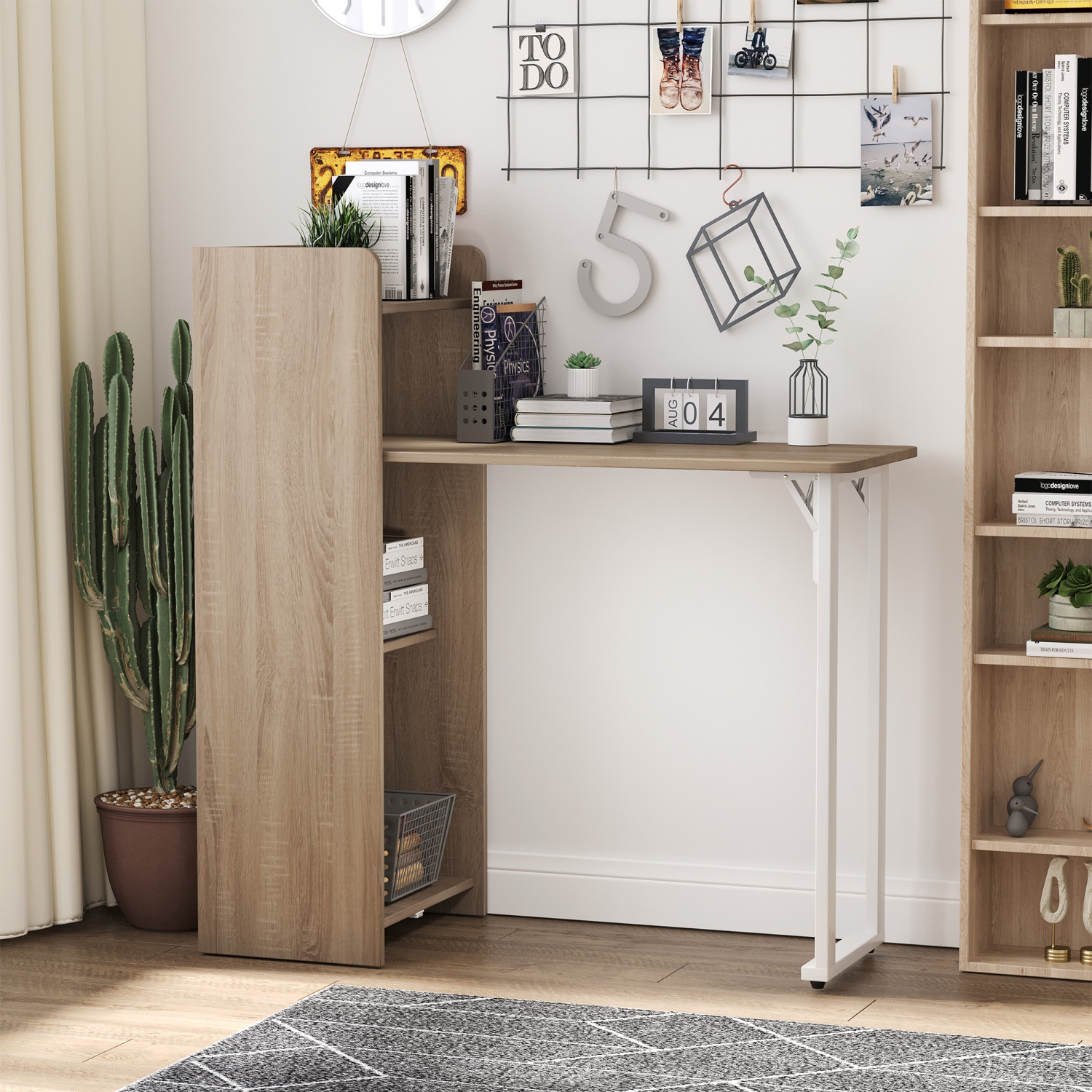 HOMCOM – Table pliante 2-en-1, table à abattant, table de salle à manger compacte avec tablette à 4 niveaux pour petits espaces, chêne