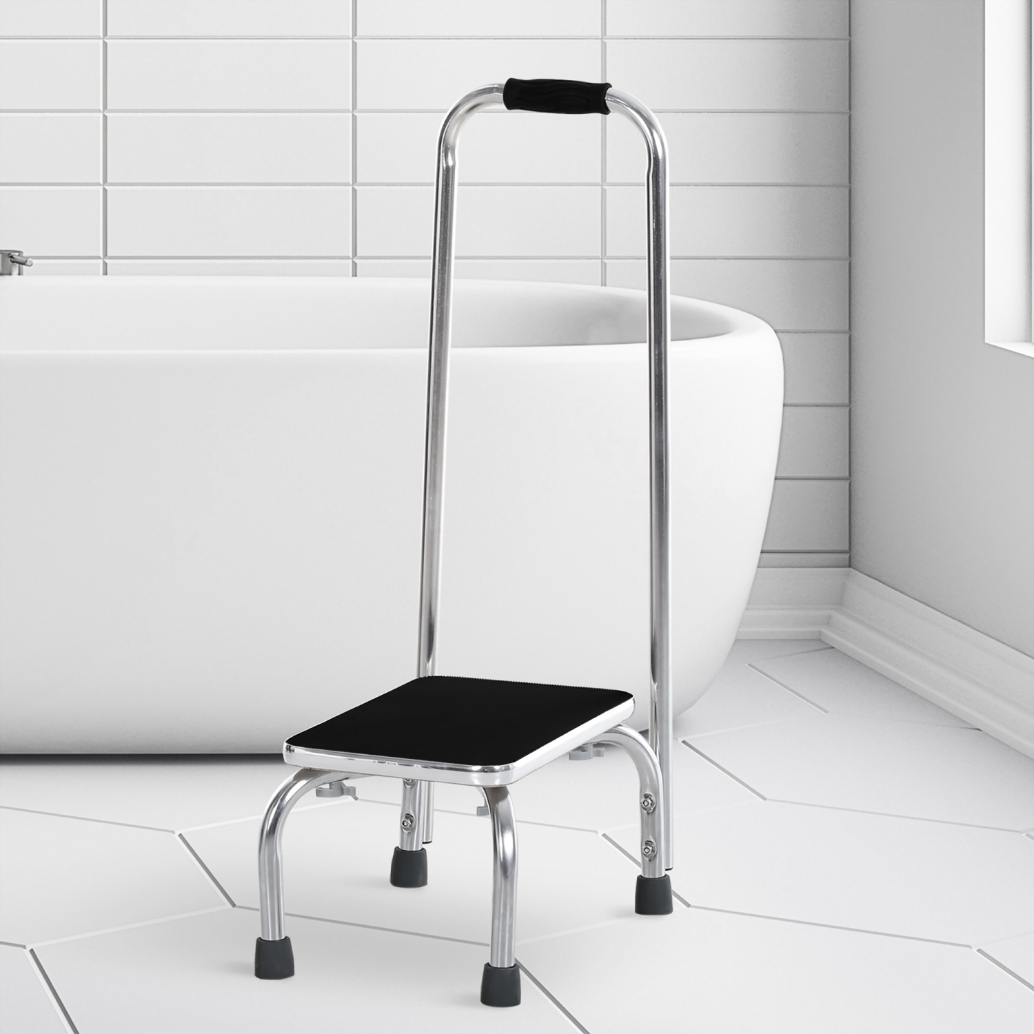 Tabouret-escabeau avec poignée pour adultes et aînés de HOMCOM, tabouret-escabeau en métal robuste pour personnes âgées, tabouret portatif