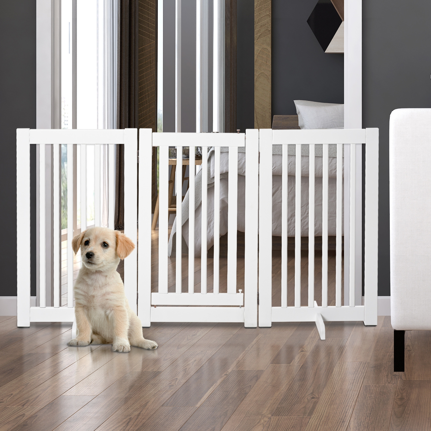 Barrière d'intérieur en bois autonome Barrière de sécurité pliable pour chien à cadre de porte de PawHut avec panneau en Z à porte ouverte en forme