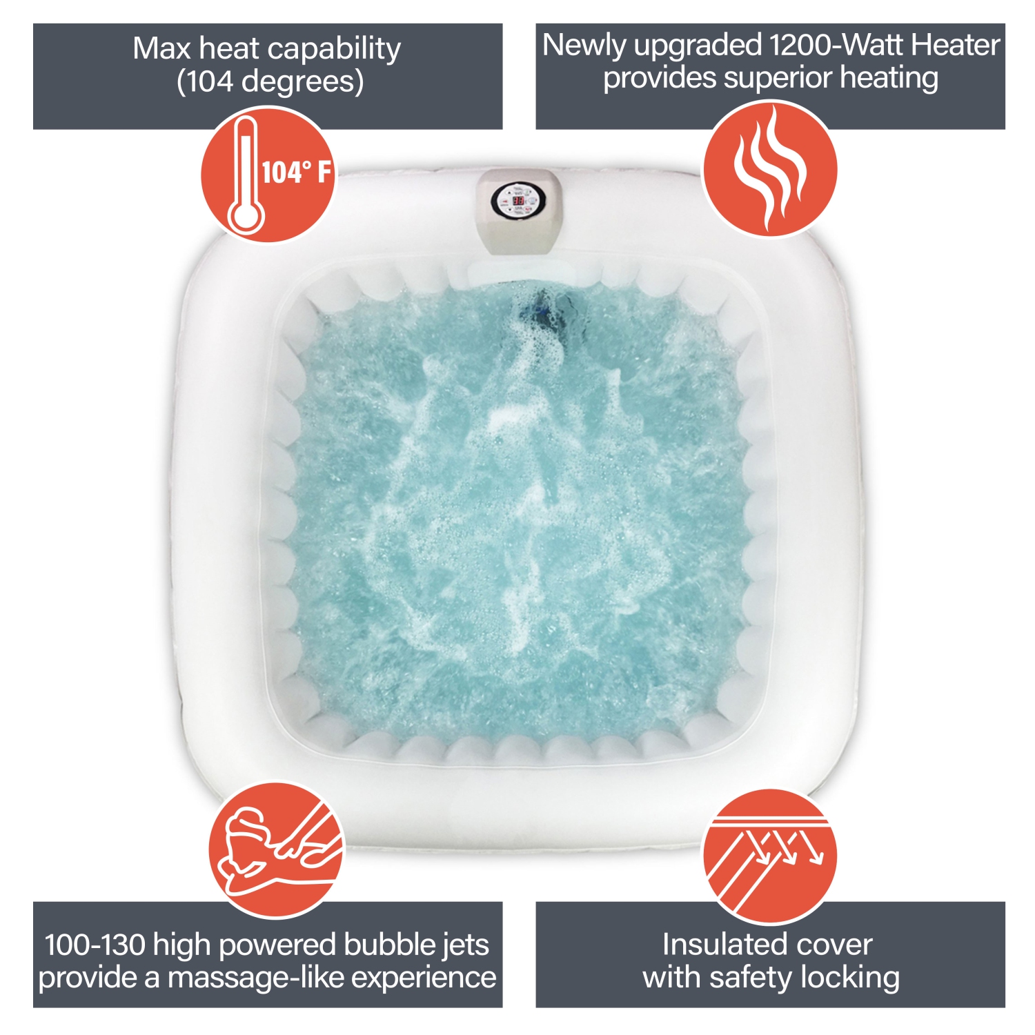 Spa gonflable carré avec couvercle HTISQ4BKWH d’ALEKO - 4 personnes - 160 gallons - Noir et blanc