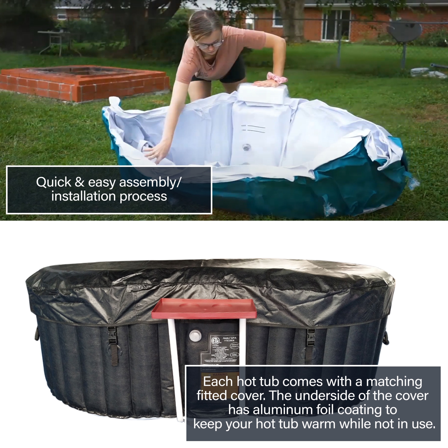 ALEKO HTIO2BKW Oval Inflatable Jetted Hot Tub with Drink Tray and Cover - 2 Person - 145 Gallon - Black and White