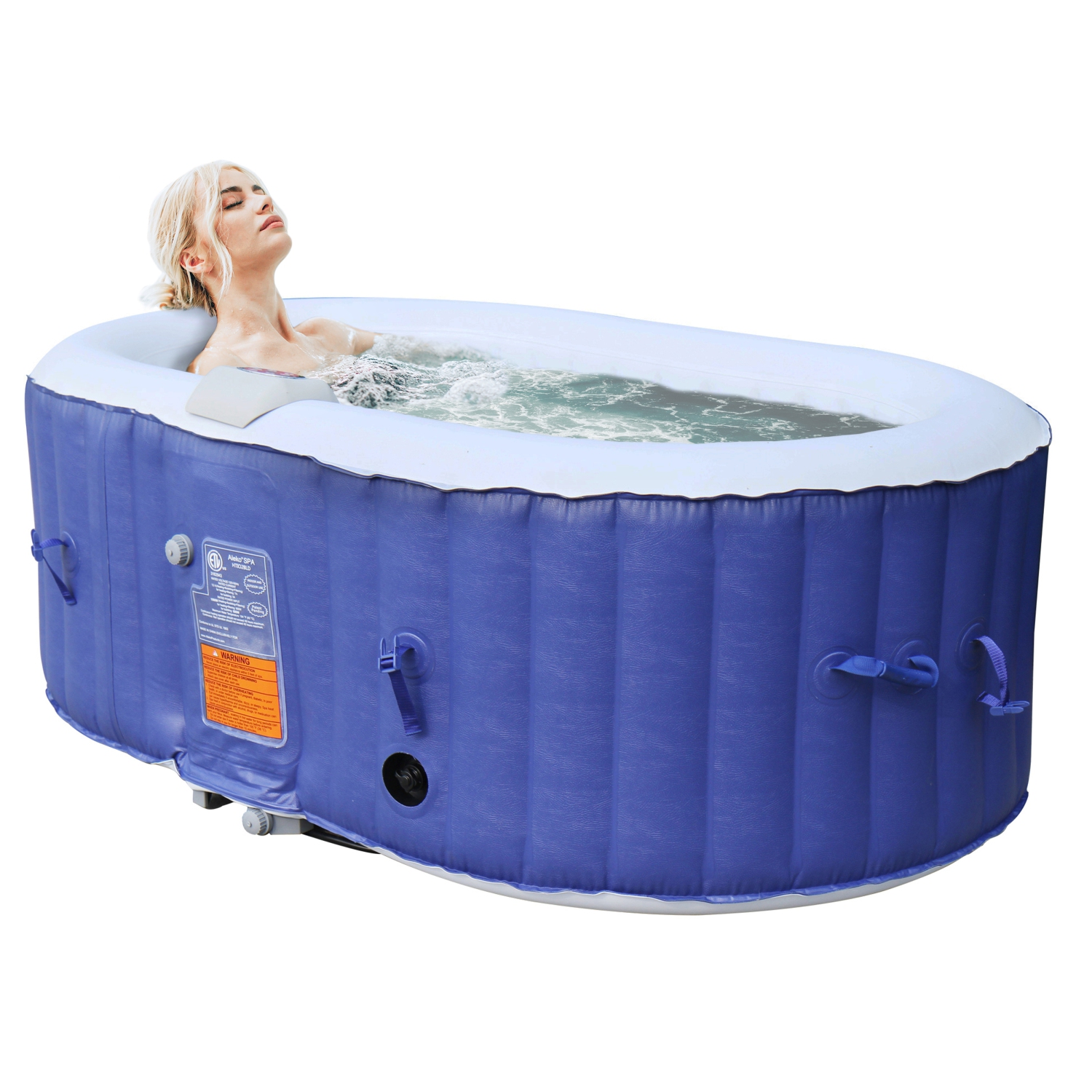 ALEKO HTIO2BLD Oval Inflatable Jetted Hot Tub with Drink Tray and Cover - 2 Person - 145 Gallon - Dark Blue