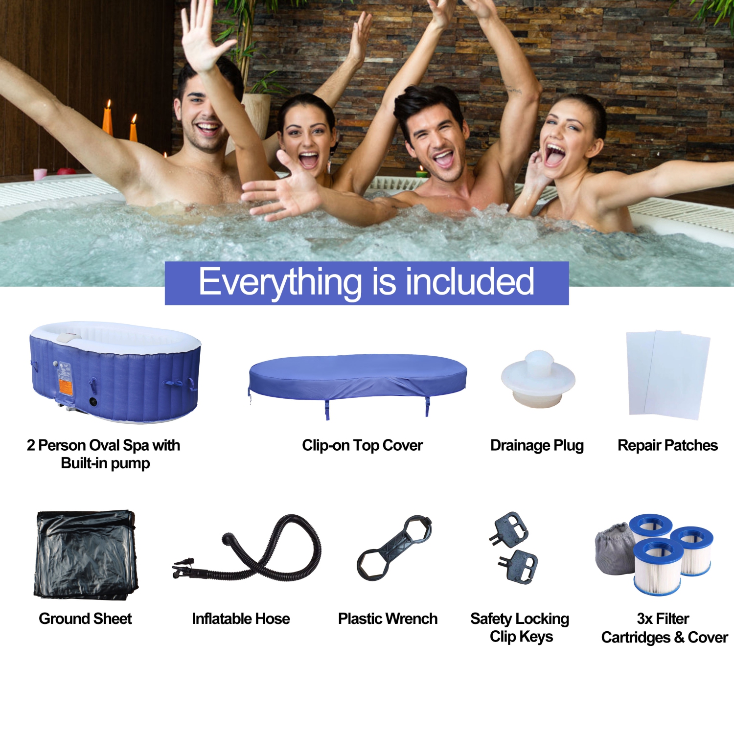 ALEKO HTIO2BLD Oval Inflatable Jetted Hot Tub with Drink Tray and Cover - 2 Person - 145 Gallon - Dark Blue
