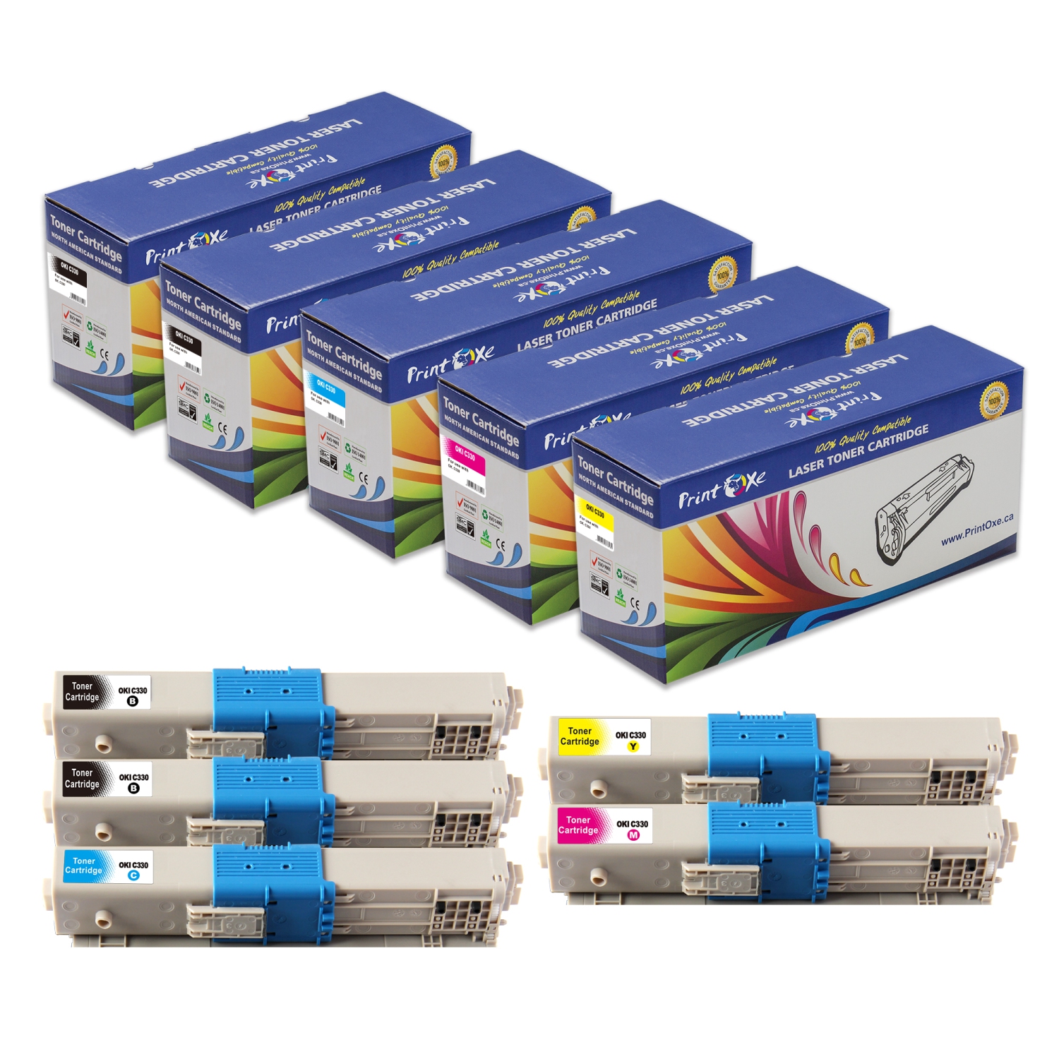 C330 Compatible Set + BK ; 5 Toner Cartridges 44469801 / 44469703 / 44469702 / 44469701 for Okidata C310 C330 C330dn C510 C530 C530dn MC361 MC362w